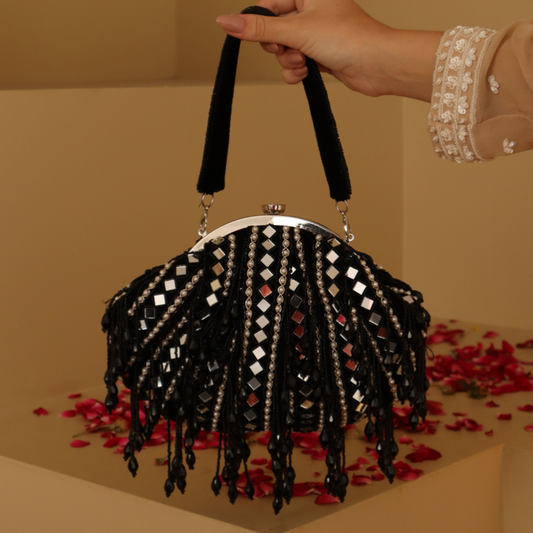 New Stylish Partywear Black Mirror Work Potli Bag for Womens by House of Ree