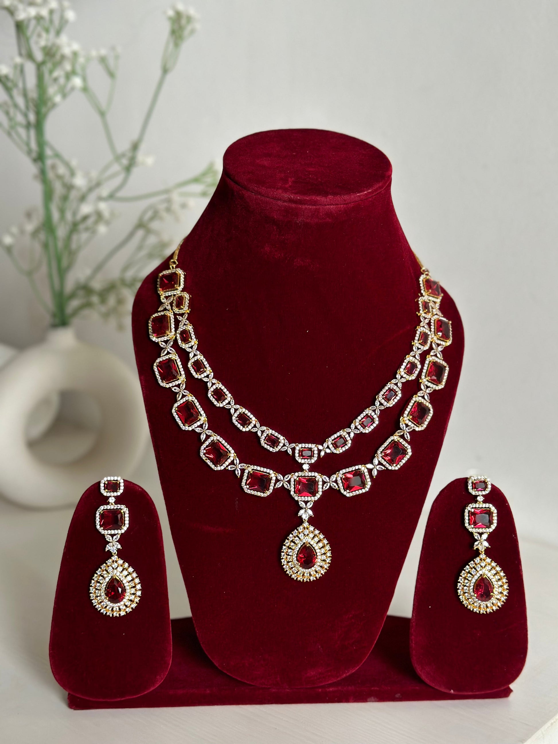 Red American Diamond Two Layer Elegent Necklace Set With Earrings By House of Ree House of Ree