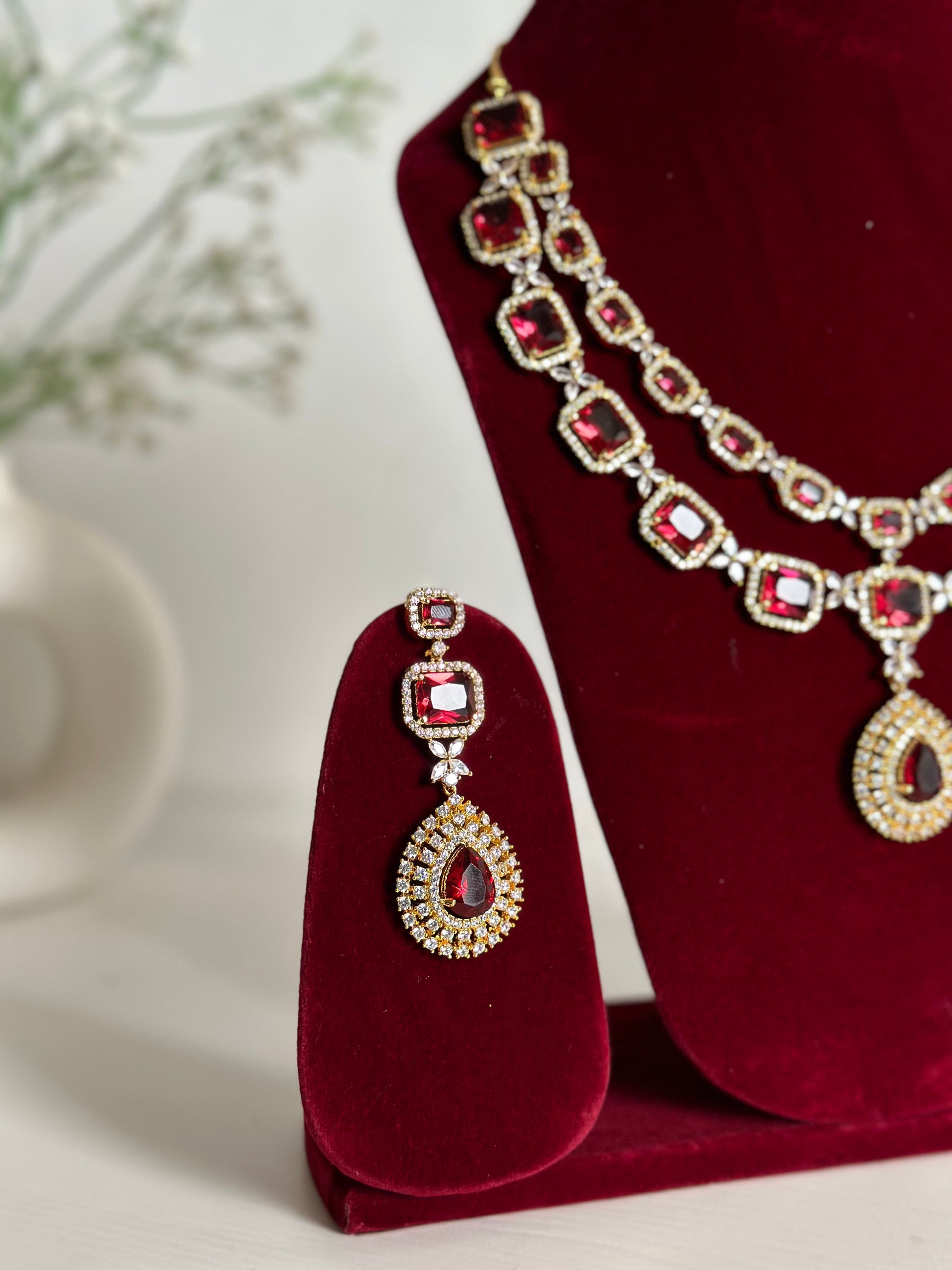 Red American Diamond Two Layer Elegent Necklace Set With Earrings By House of Ree House of Ree