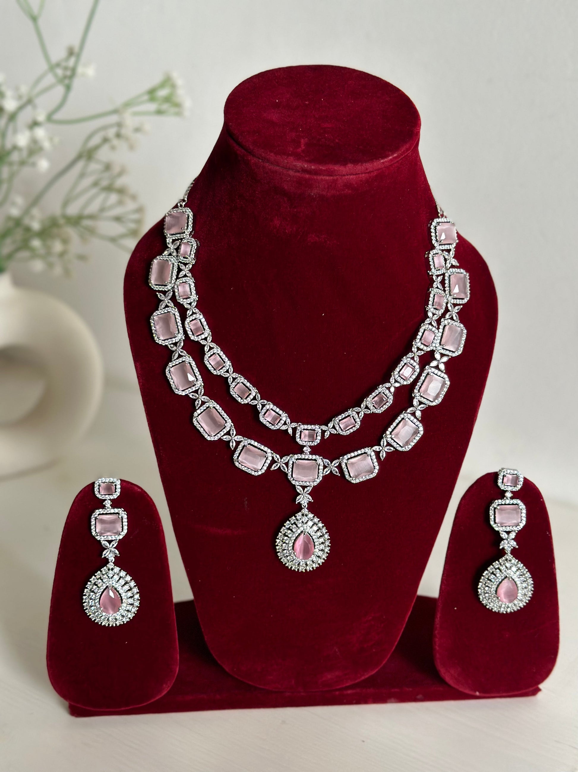 Baby Pink American Diamond Two Layer Elegent Necklace Set With Earrings By House of Ree House of Ree