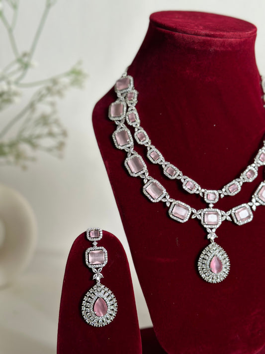 Baby Pink American Diamond Two Layer Elegent Necklace Set With Earrings By House of Ree House of Ree