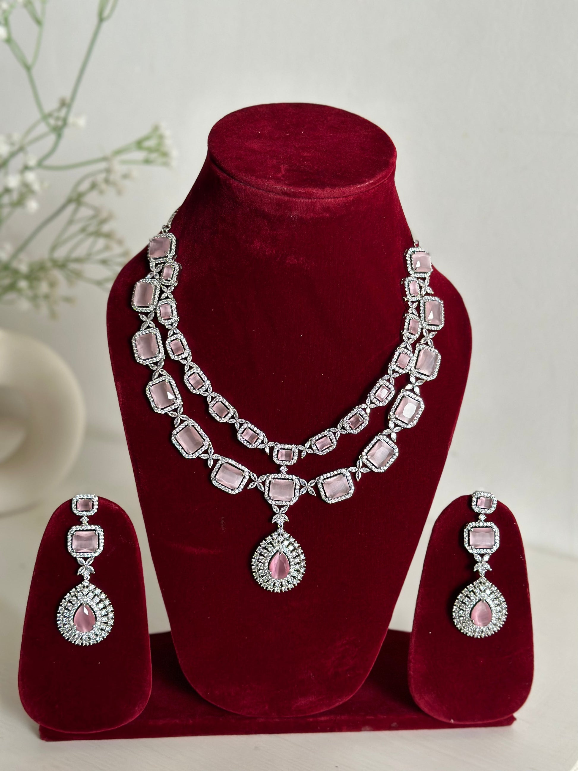 Baby Pink American Diamond Two Layer Elegent Necklace Set With Earrings By House of Ree House of Ree