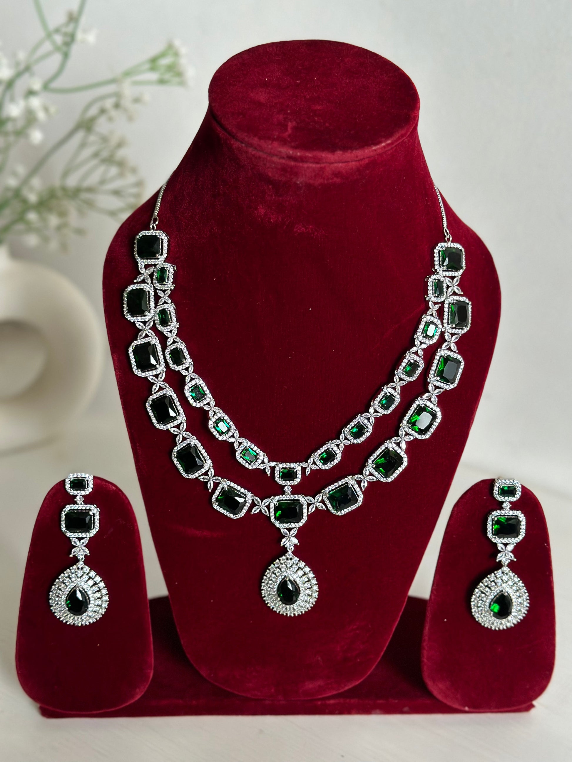 Green American Diamond Two Layer Elegent Necklace Set With Earrings By House of Ree House of Ree