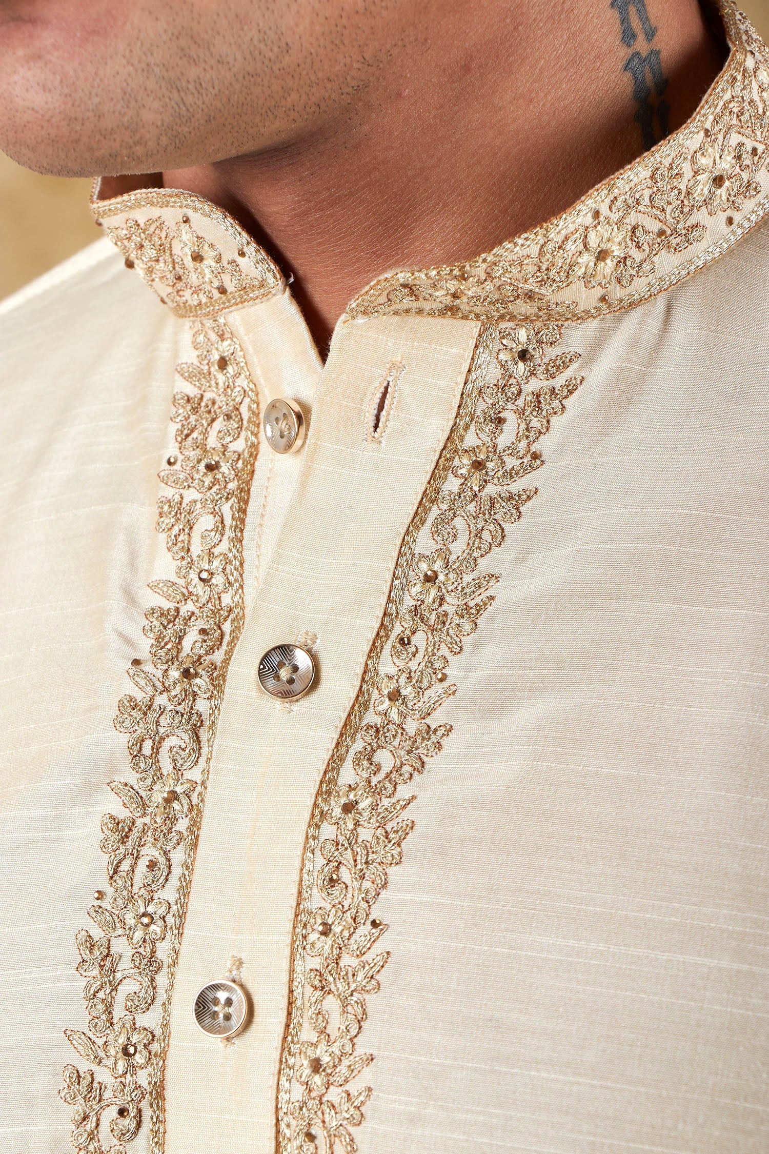 Bluesaanchi Men's Sunshine Handwoven Embroidered Cosmic LatteKurta Set | Swadesiicart