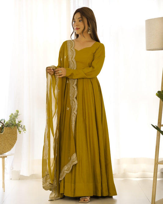 Lorenvalley Fashion Yellow Pure Roman Silk Chanderi Fabric Fully Flared Anarkali Pant With Dupatta Set - Yellow 
