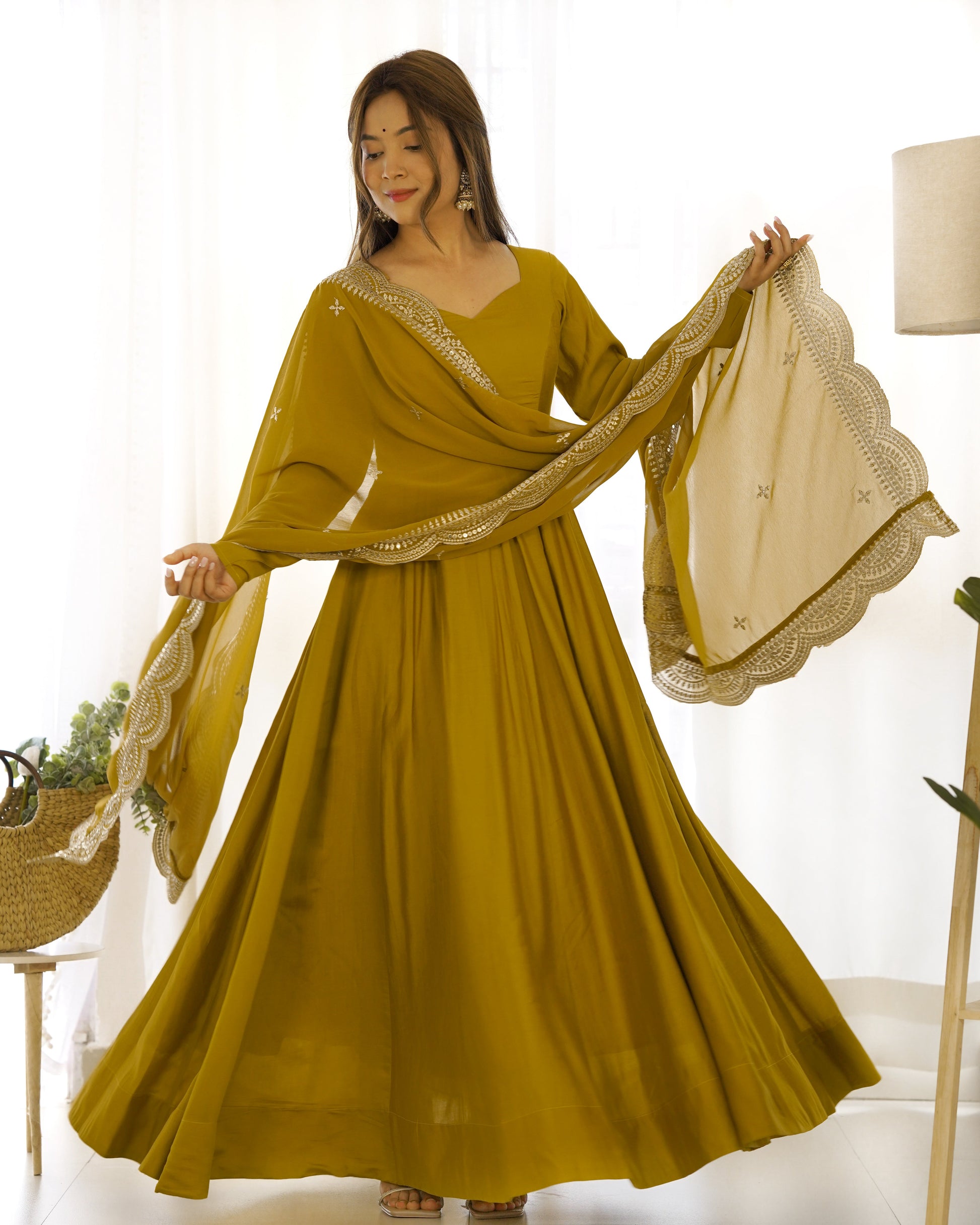 Lorenvalley Fashion Yellow Pure Roman Silk Chanderi Fabric Fully Flared Anarkali Pant With Dupatta Set - Yellow 