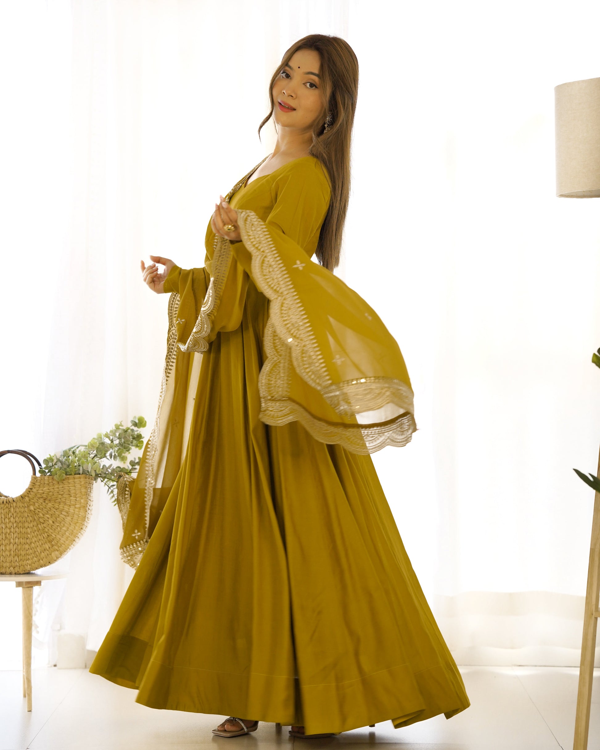 Lorenvalley Fashion Yellow Pure Roman Silk Chanderi Fabric Fully Flared Anarkali Pant With Dupatta Set - Yellow 