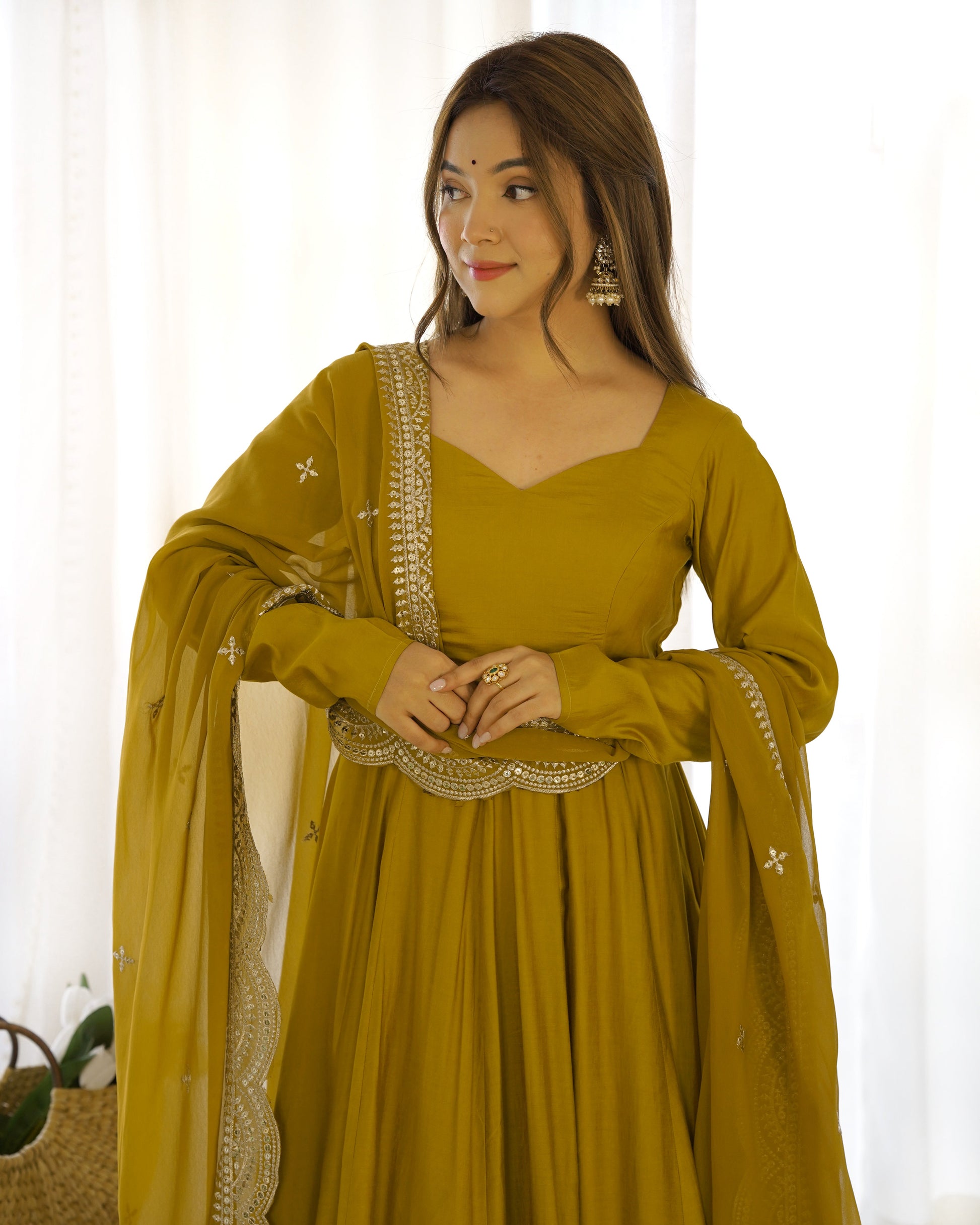 Lorenvalley Fashion Yellow Pure Roman Silk Chanderi Fabric Fully Flared Anarkali Pant With Dupatta Set - Yellow 