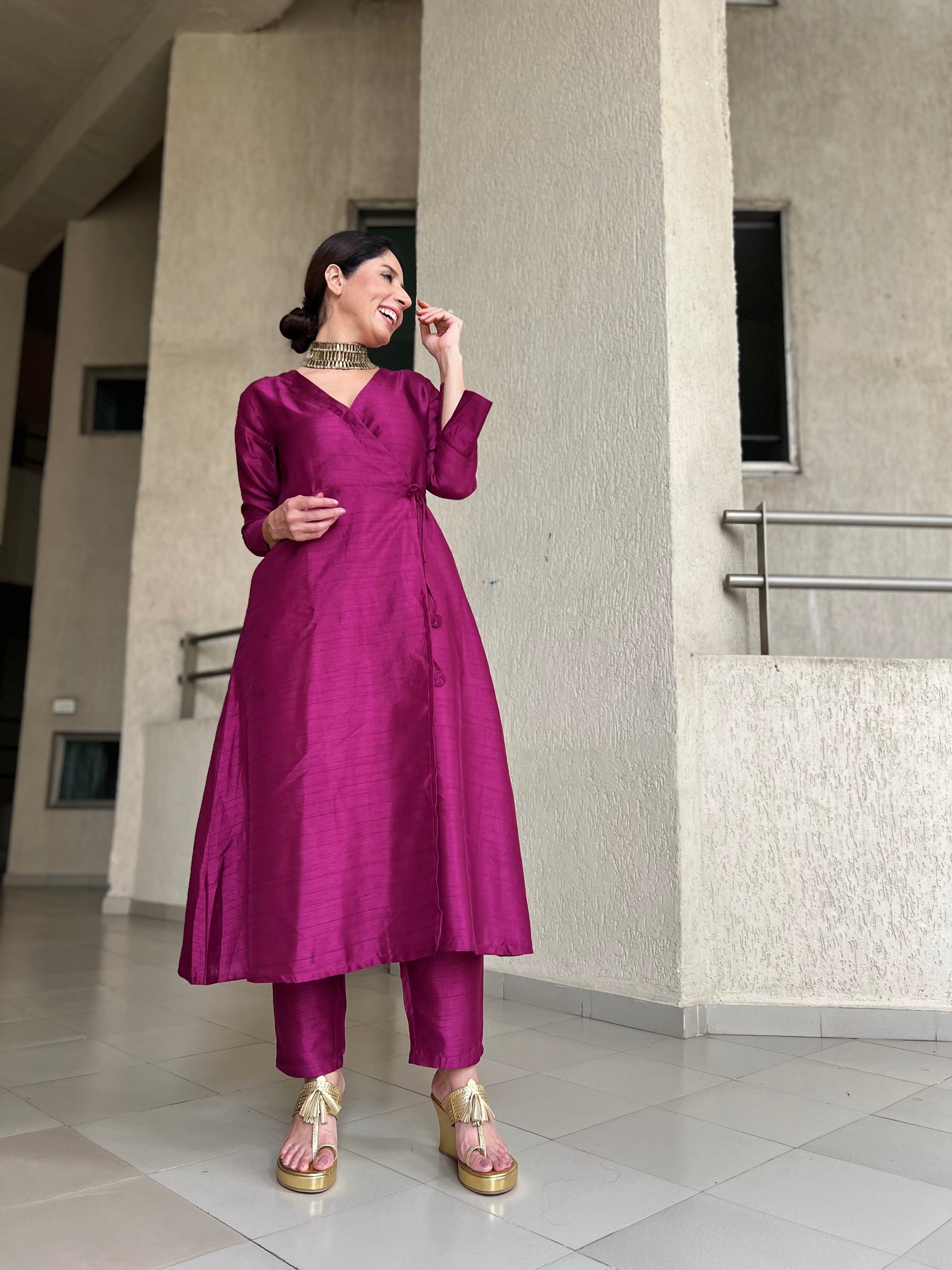 trueBrowns Purple Textured Silk Angrakha Kurta Pant Set 