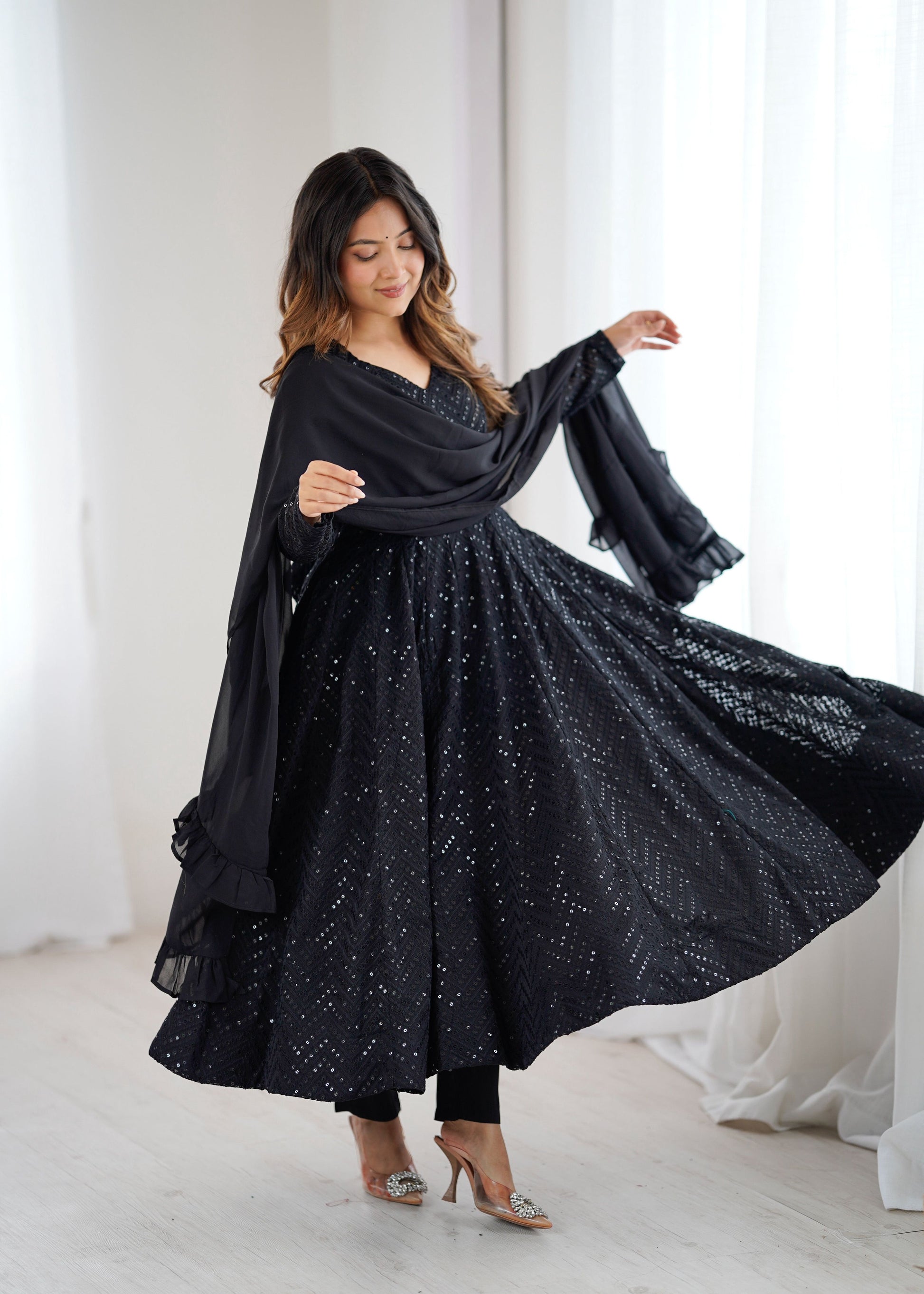 Evanik Black Heavy Faux Georgette With Lucknowi Work Anarkali Suit