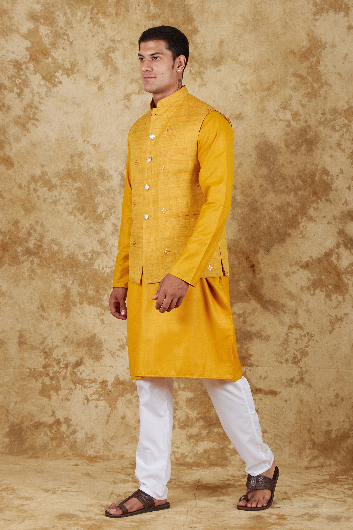 Bluesaanchi Men's Yellow Waistcoat Kurta Pajama Set | Swadesiicart