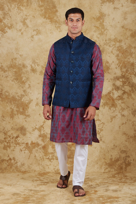 Bluesaanchi Men's Jacquard Rose Red With White Waistcoat Kurta Pajama Set | Swadesiicart