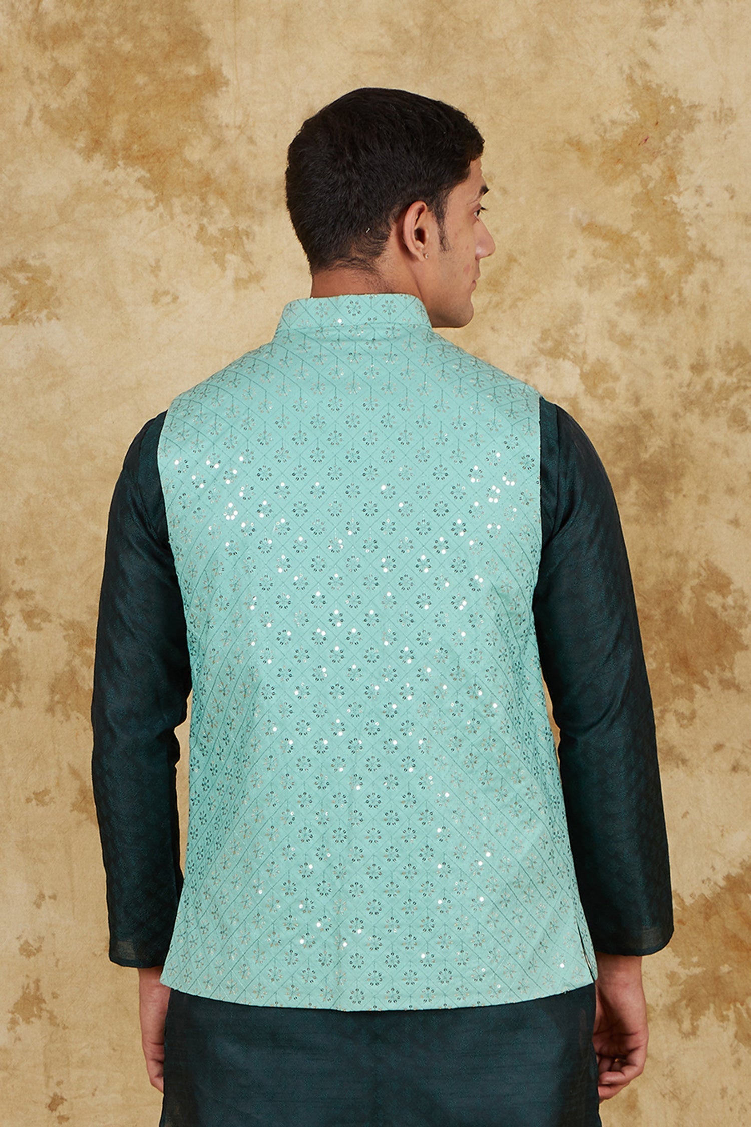 Bluesaanchi Men's Jacquard Mint Green Waistcoat | Swadesiicart