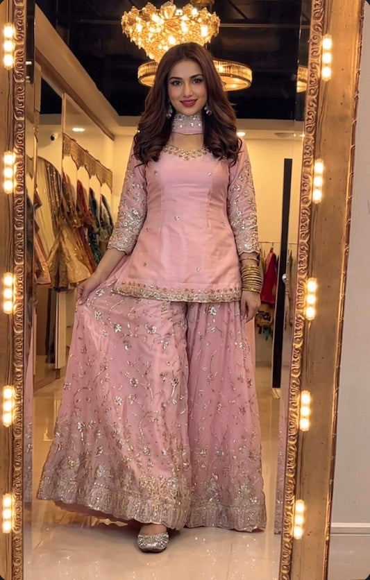 Yash Enterprise Peach Fandy Silk Party Wear Embroidery Sharara Suit Set  Grab2Buy Yash Enterprise Grab2Buy