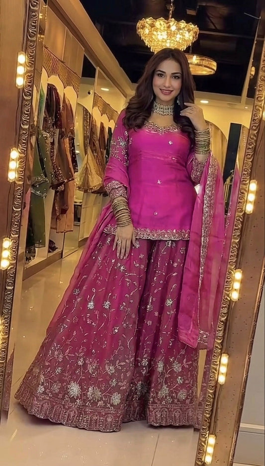 Yash Enterprise Rani Pink Fandy Silk Party Wear Embroidery Sharara Suit Set  Grab2Buy Yash Enterprise Grab2Buy