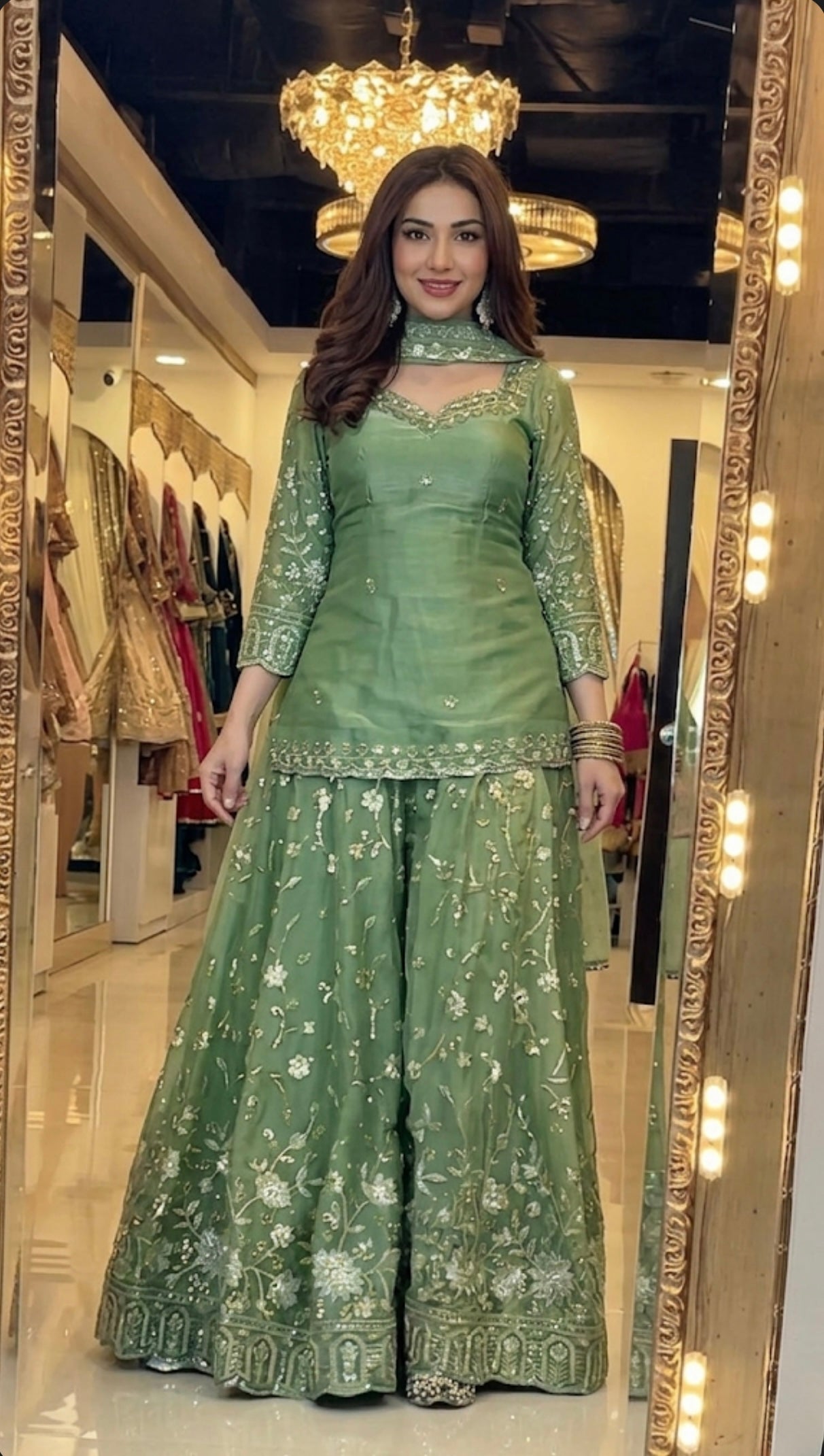 Yash Enterprise Green Fandy Silk Party Wear Embroidery Sharara Suit Set  Grab2Buy Yash Enterprise Grab2Buy