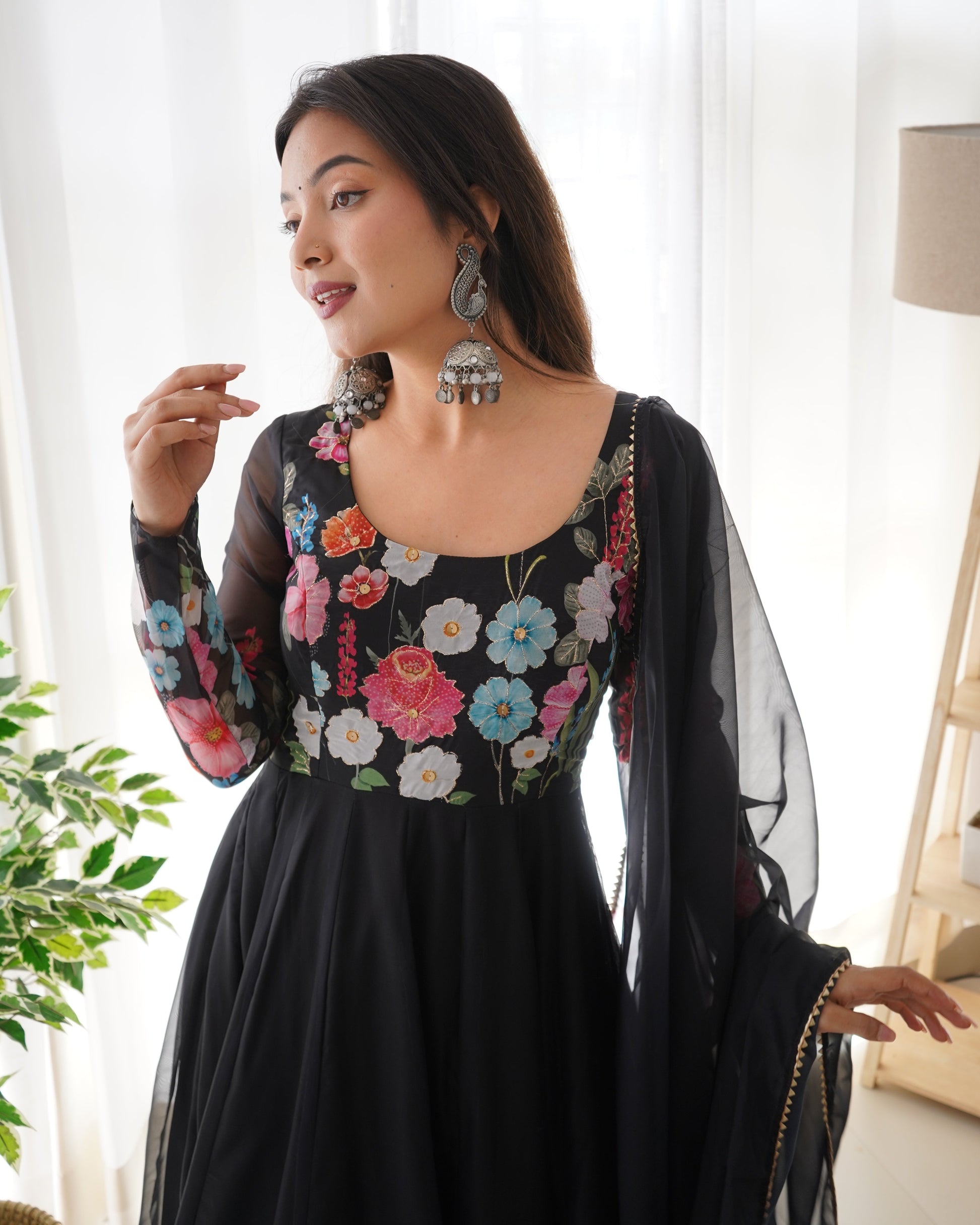 Lorenvalley Fashion Black Soft Organza Silk With Floral Print Fully Flared Anarkali Pant With Dupatta Set - Black 