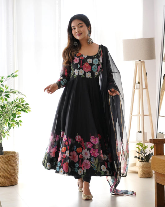 Lorenvalley Fashion Black Soft Organza Silk With Floral Print Fully Flared Anarkali Pant With Dupatta Set - Black 