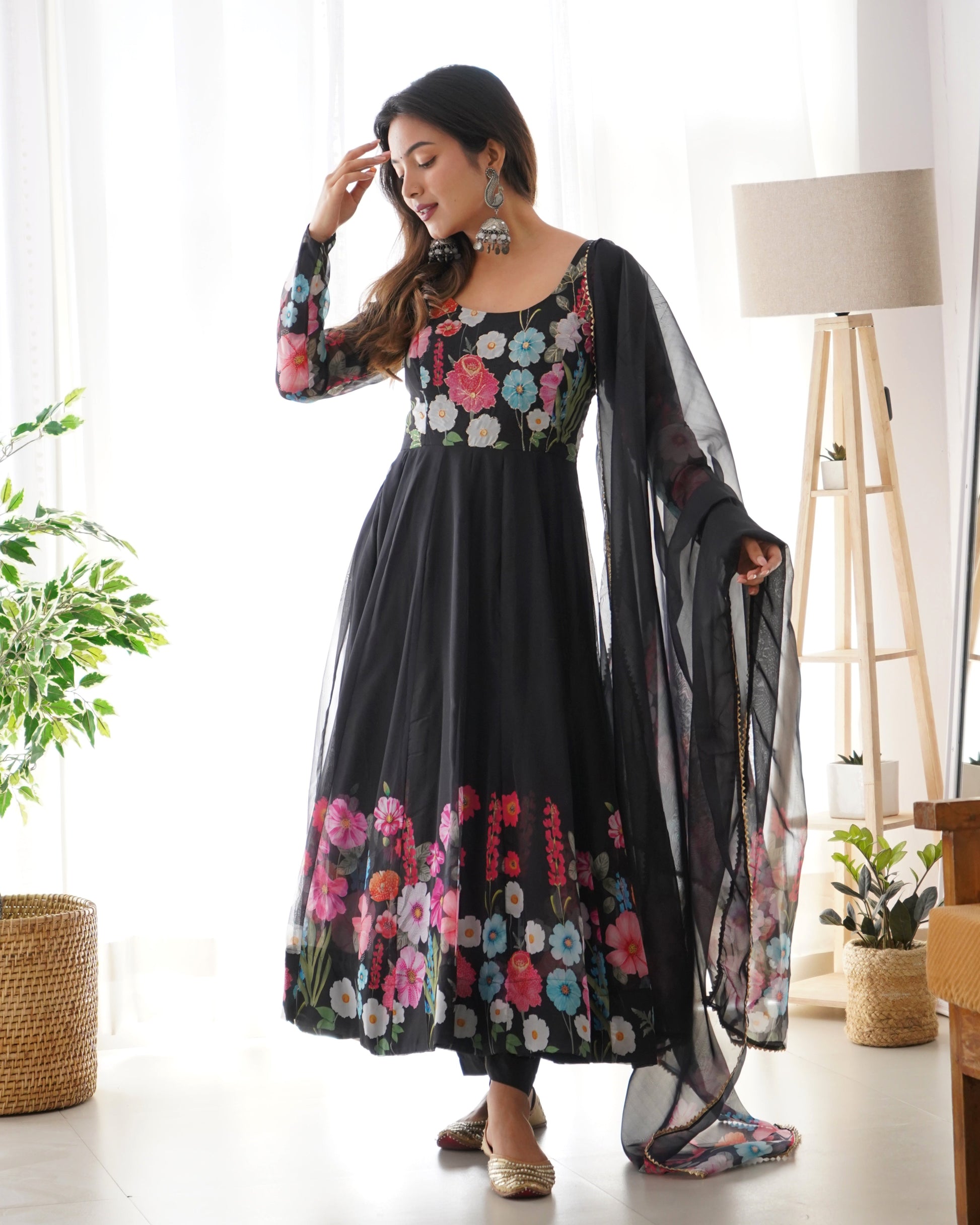 Lorenvalley Fashion Black Soft Organza Silk With Floral Print Fully Flared Anarkali Pant With Dupatta Set - Black 