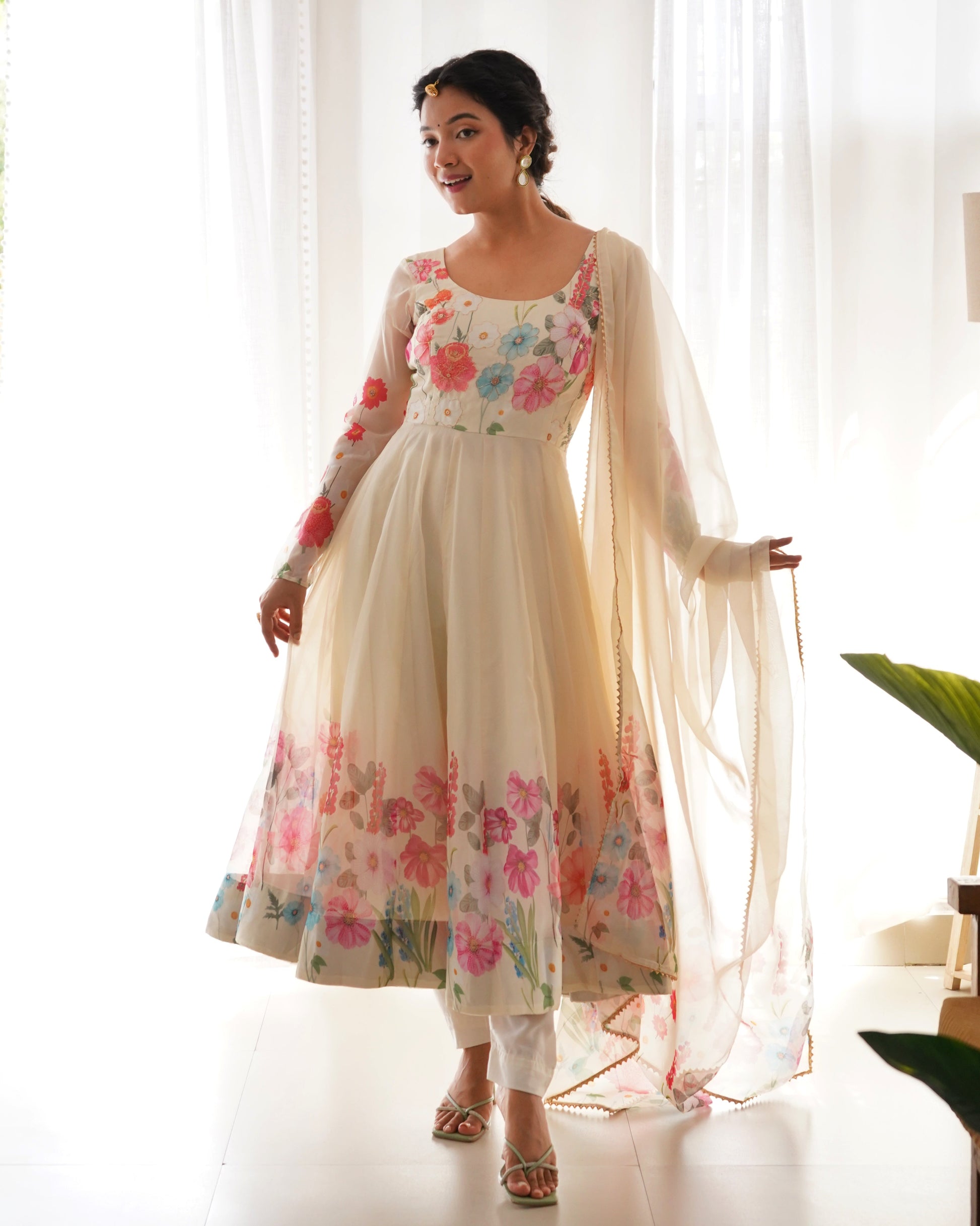 Lorenvalley Fashion Cream Soft Organza Silk With Floral Print Fully Flared Anarkali Pant With Dupatta Set - Cream 