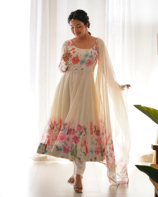 Lorenvalley Fashion Cream Soft Organza Silk With Floral Print Fully Flared Anarkali Pant With Dupatta Set - Cream 