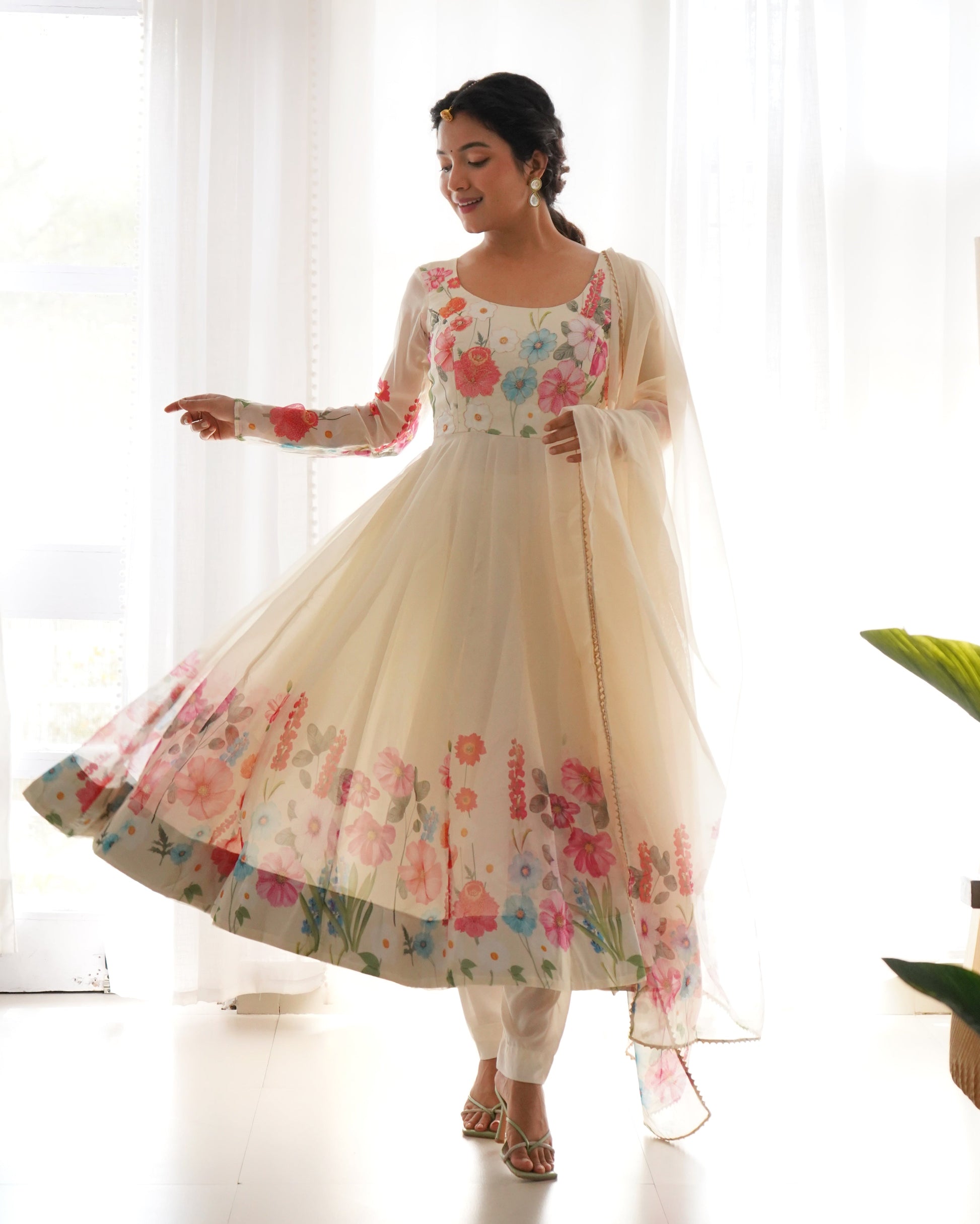 Lorenvalley Fashion Cream Soft Organza Silk With Floral Print Fully Flared Anarkali Pant With Dupatta Set - Cream 
