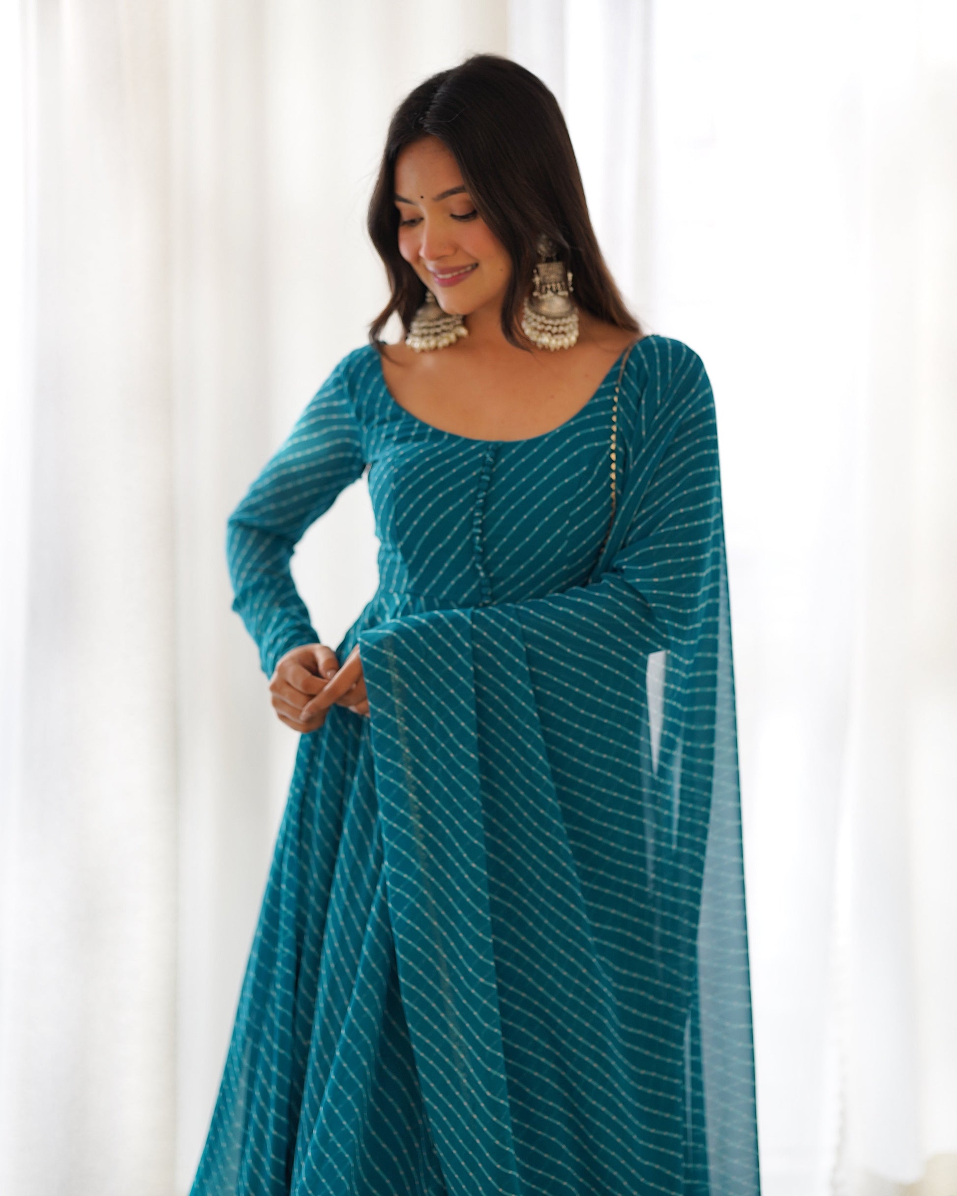 Lorenvalley Fashion Women Pure Soft Faux Georgette Laheriya Print Fully Flair Anarkali Kurta Pant With Dupatta Set - Rama 