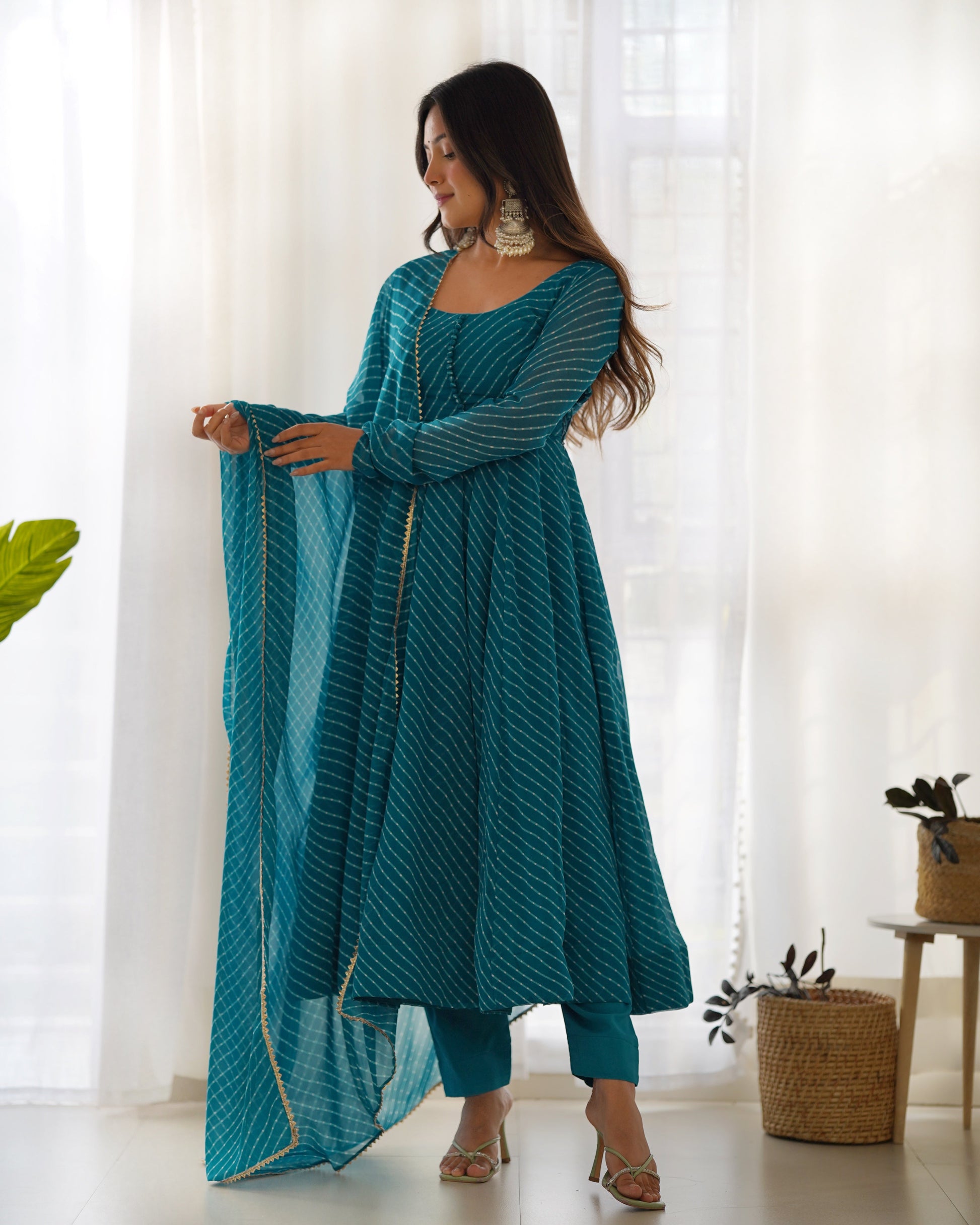 Lorenvalley Fashion Women Pure Soft Faux Georgette Laheriya Print Fully Flair Anarkali Kurta Pant With Dupatta Set - Rama 
