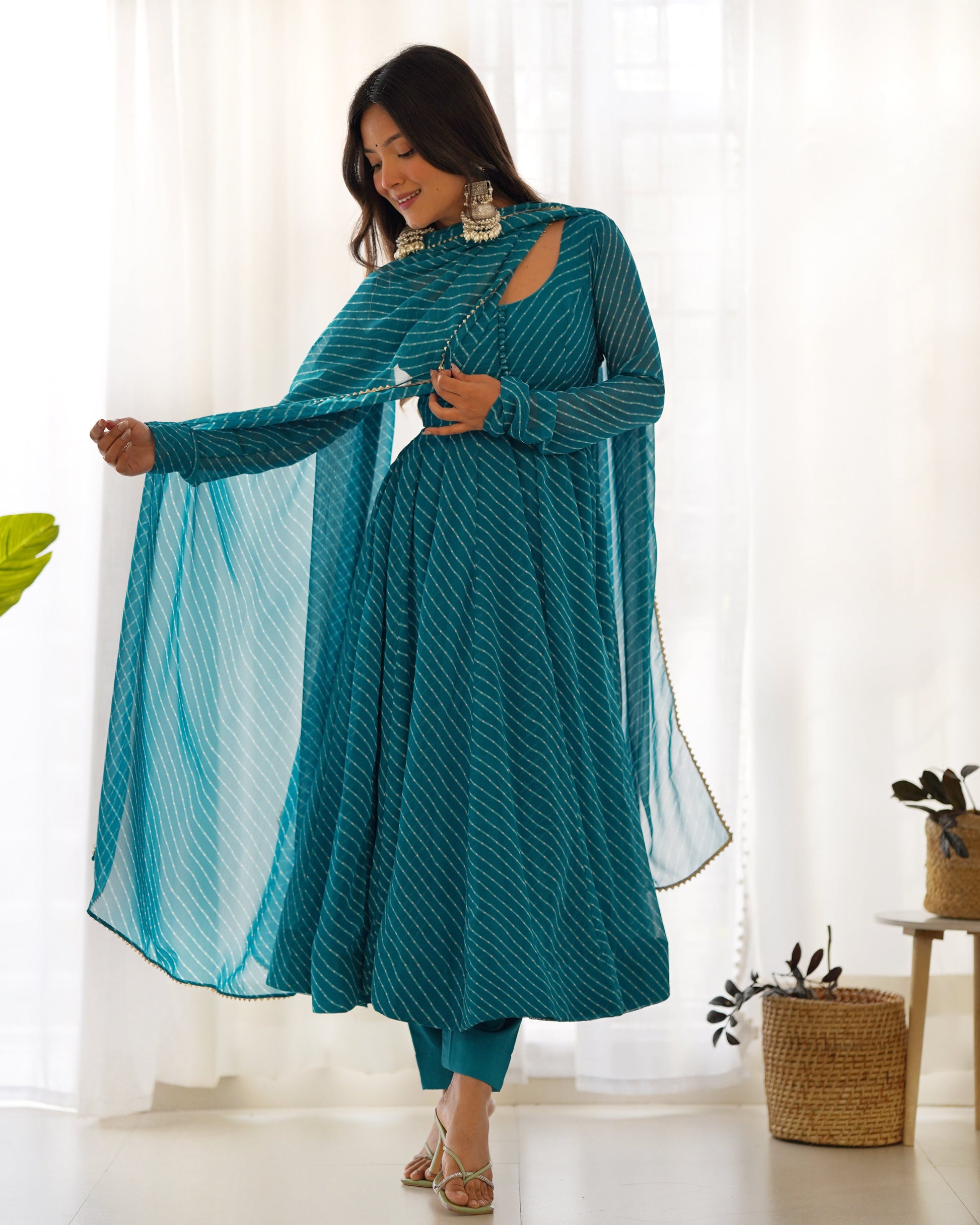 Lorenvalley Fashion Women Pure Soft Faux Georgette Laheriya Print Fully Flair Anarkali Kurta Pant With Dupatta Set - Rama 