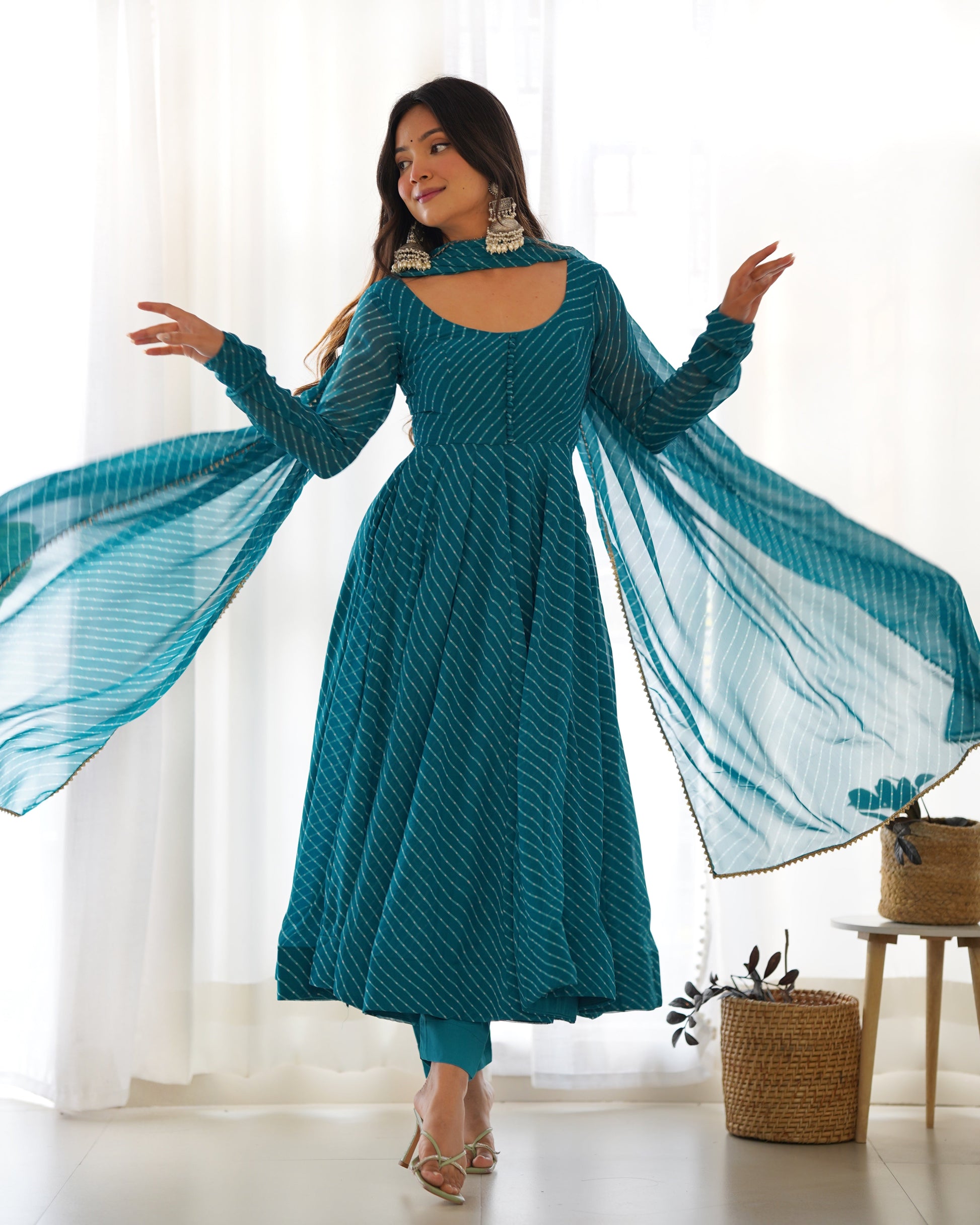 Lorenvalley Fashion Women Pure Soft Faux Georgette Laheriya Print Fully Flair Anarkali Kurta Pant With Dupatta Set - Rama 