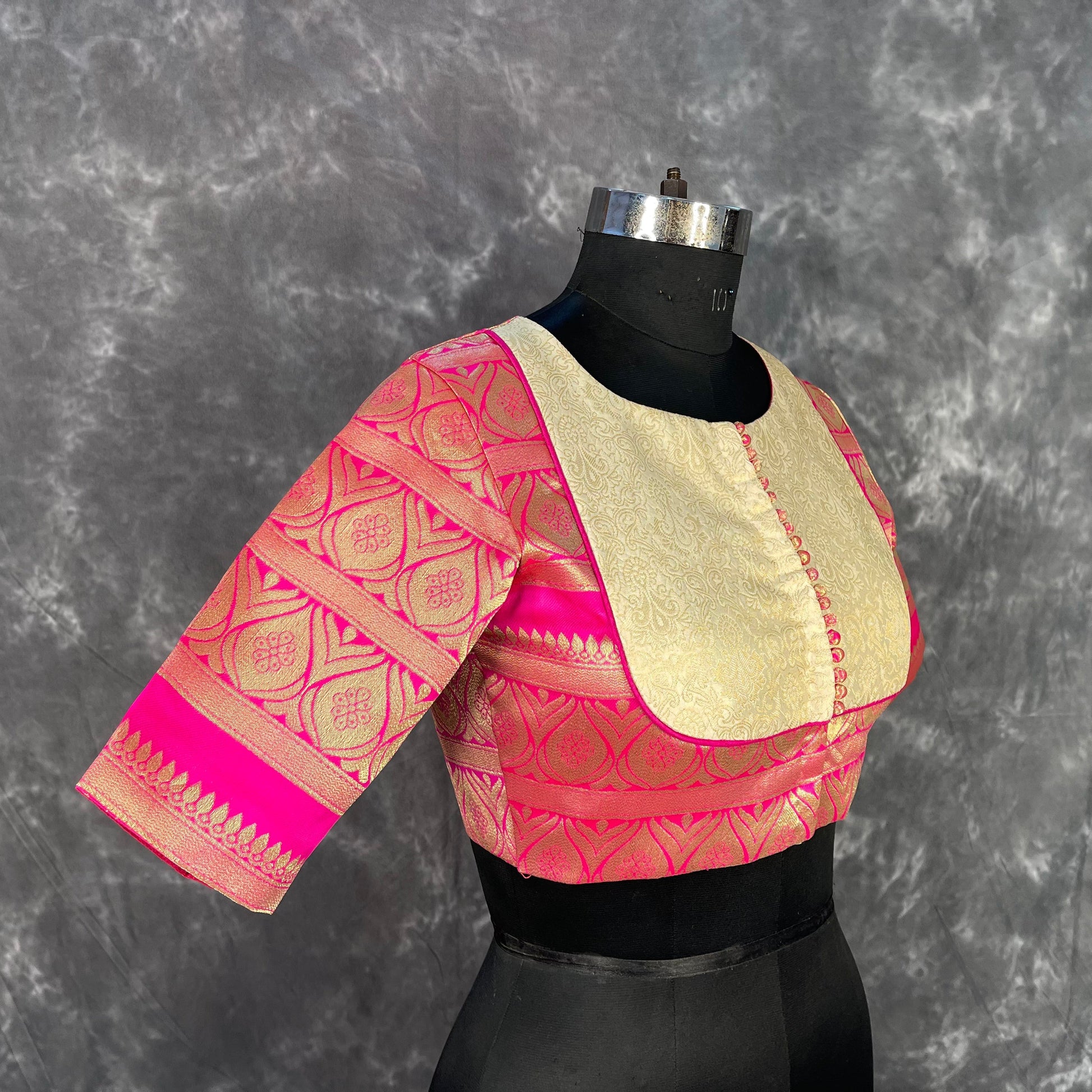 Icy Cool Pink Coloured Broket Silk Ready to Wear Blouse - kapda Tailor 