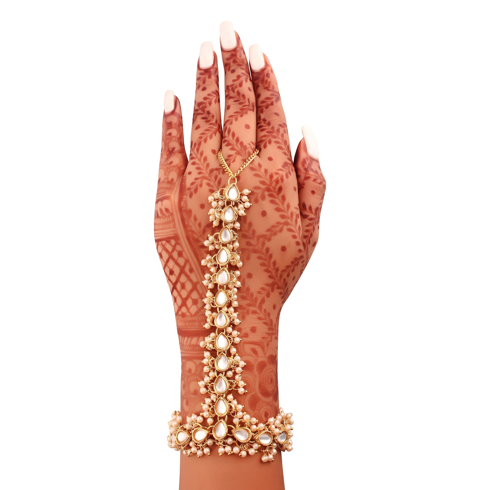 Traditional Gold-Polished Embellish With Kundan & Pearl Adjustable Haath Phool/Panja Bracelet for Women - Wahe Jewels 