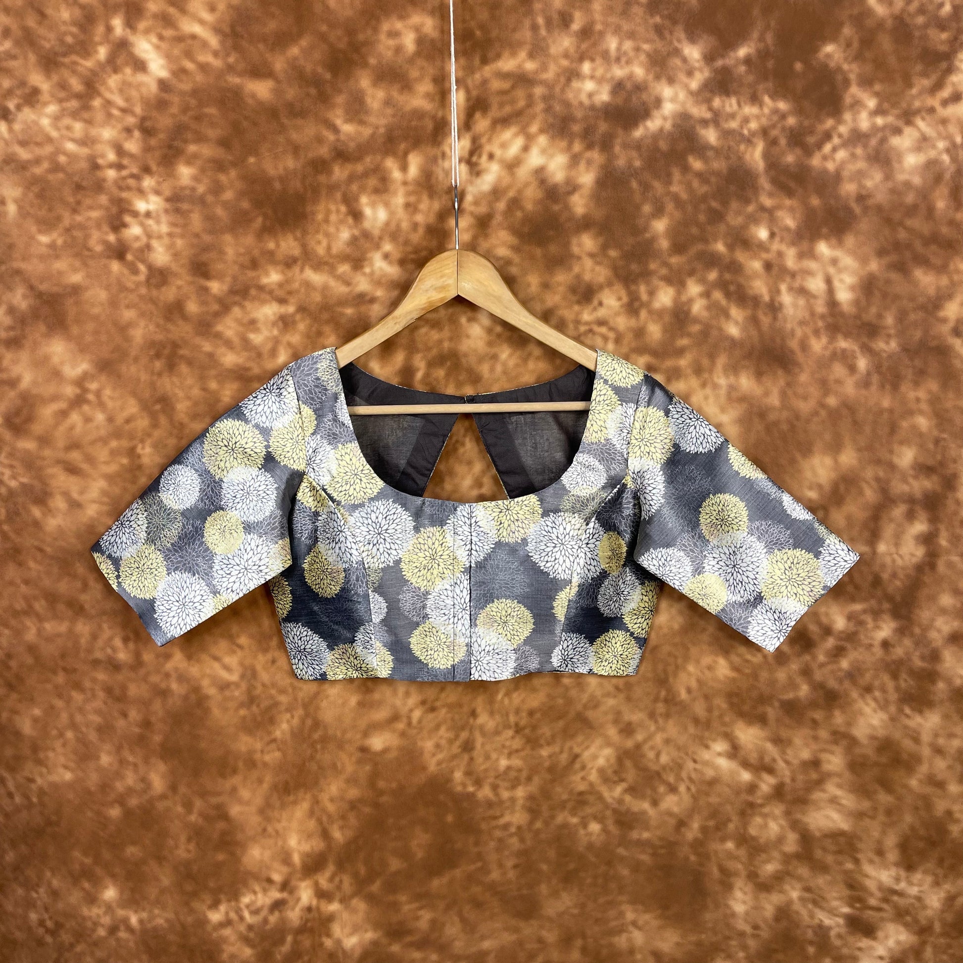 Multi Print Facade Ash Grey Coloured Silk Ready to Wear Blouse - kapda Tailor 