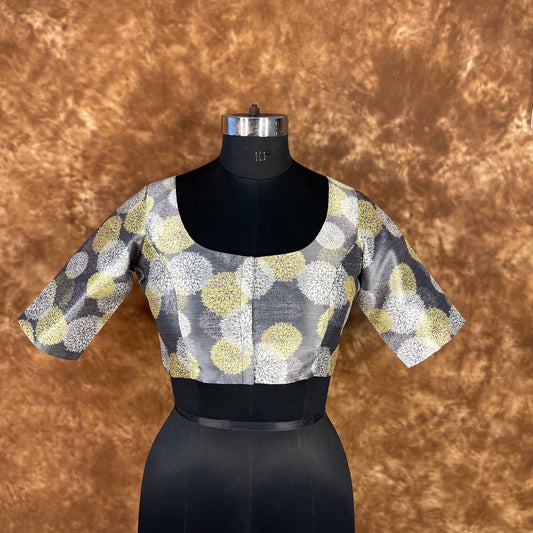 Multi Print Facade Ash Grey Coloured Silk Ready to Wear Blouse - kapda Tailor 