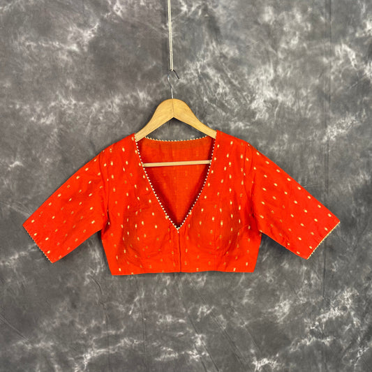Rakhtbeej Medium Burnt Orange Coloured Chanderi with Gold Butta Weaving Ready to Wear Blouse - kapda Tailor 