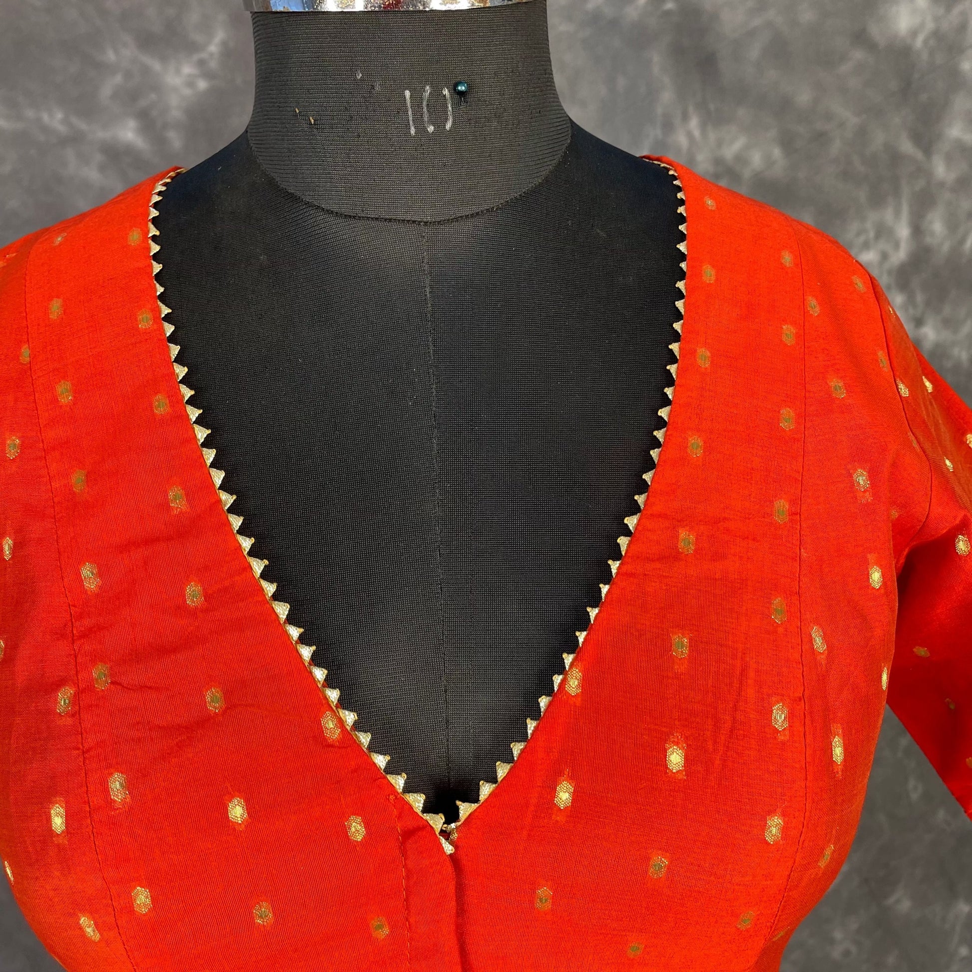 Rakhtbeej Medium Burnt Orange Coloured Chanderi with Gold Butta Weaving Ready to Wear Blouse - kapda Tailor 