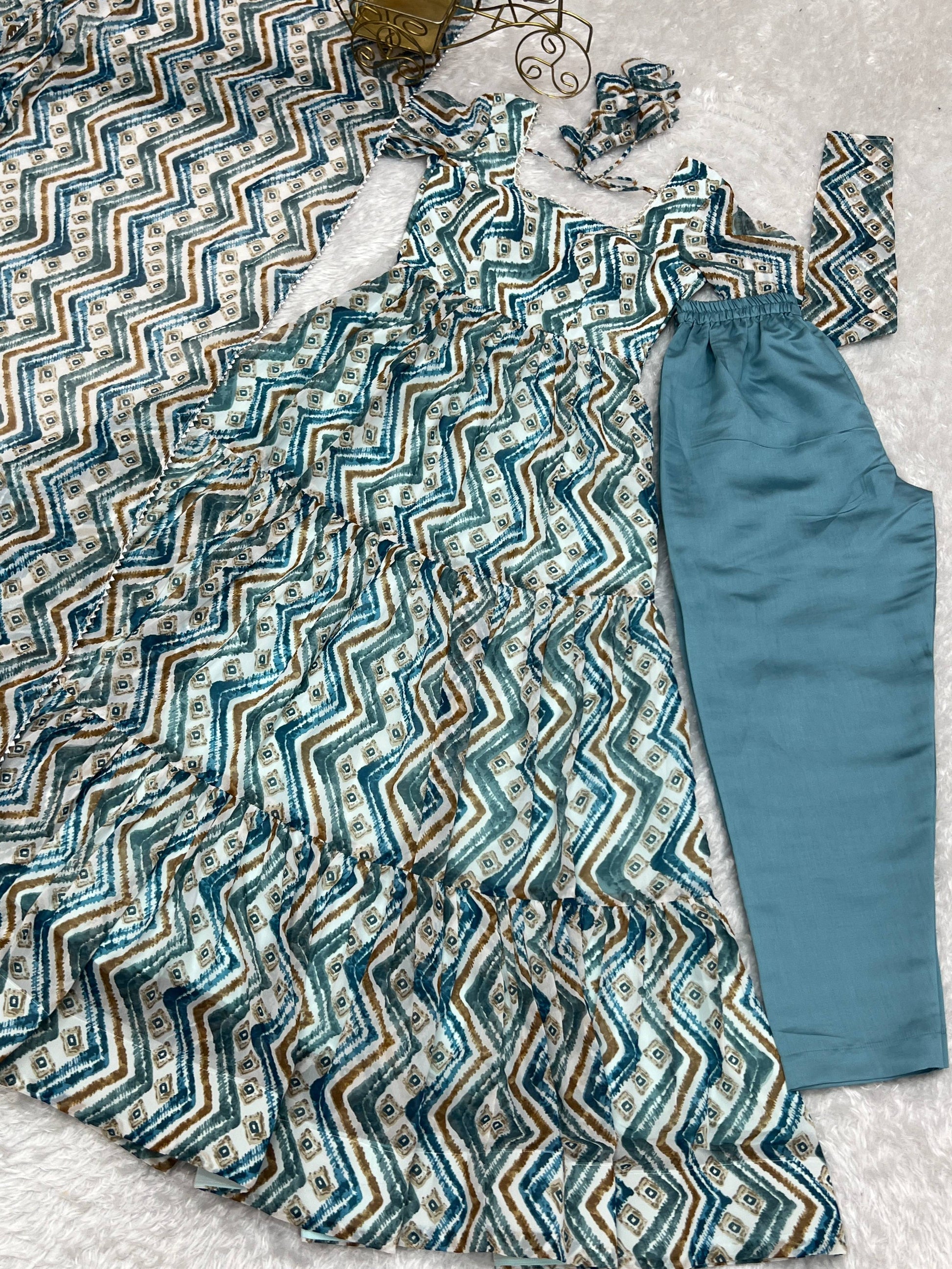 Lorenvalley Fashion Skyblue Pure Faux Georgette Zigzag Print Fully Flair Anarkali Pant With Dupatta - Skyblue 