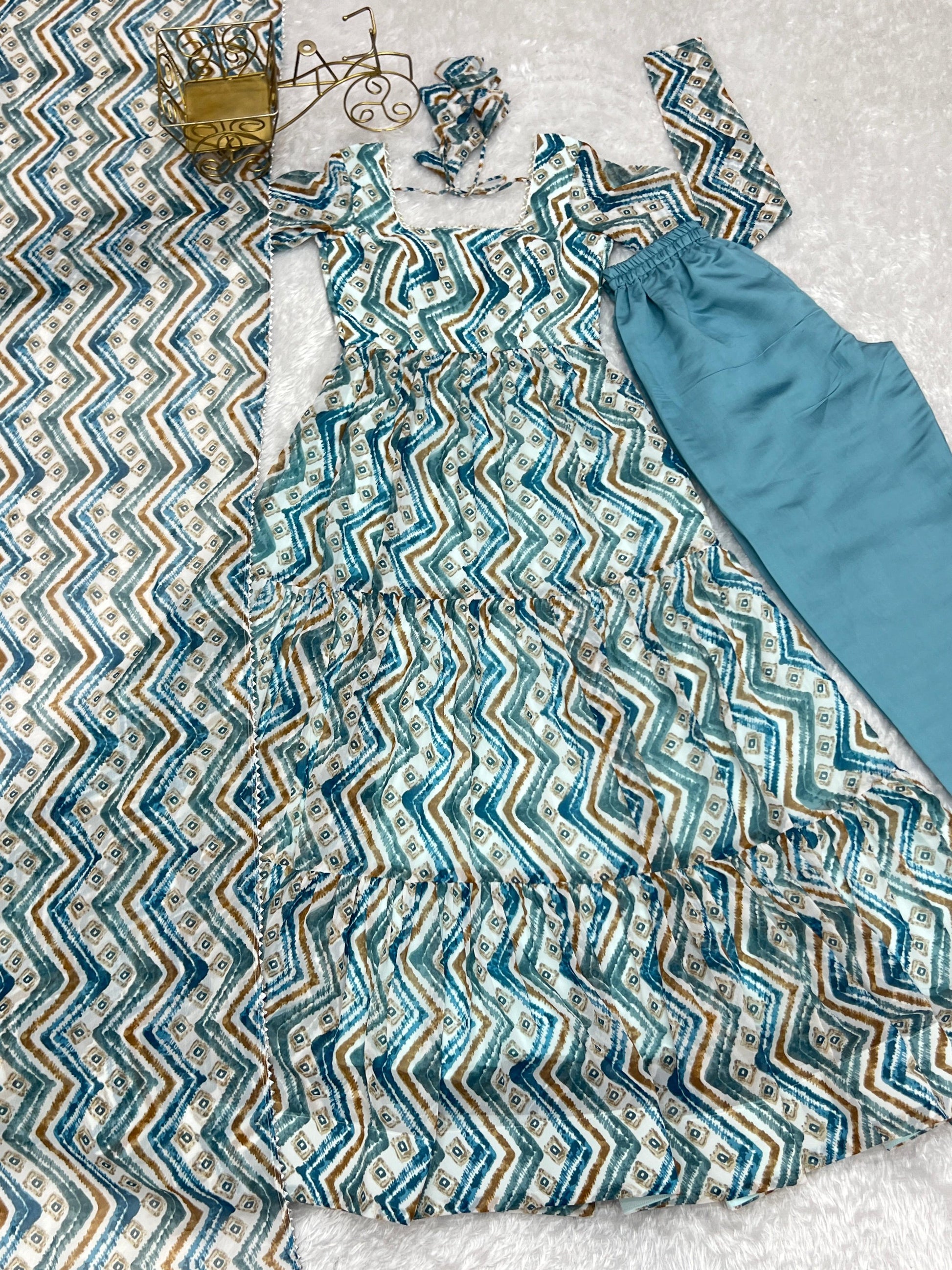 Lorenvalley Fashion Skyblue Pure Faux Georgette Zigzag Print Fully Flair Anarkali Pant With Dupatta - Skyblue 