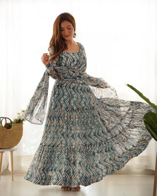 Lorenvalley Fashion Skyblue Pure Faux Georgette Zigzag Print Fully Flair Anarkali Pant With Dupatta - Skyblue 