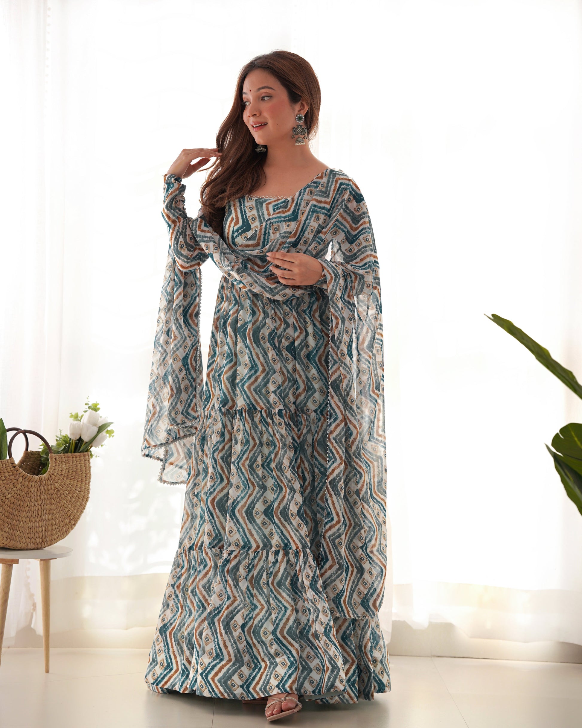Lorenvalley Fashion Skyblue Pure Faux Georgette Zigzag Print Fully Flair Anarkali Pant With Dupatta - Skyblue 