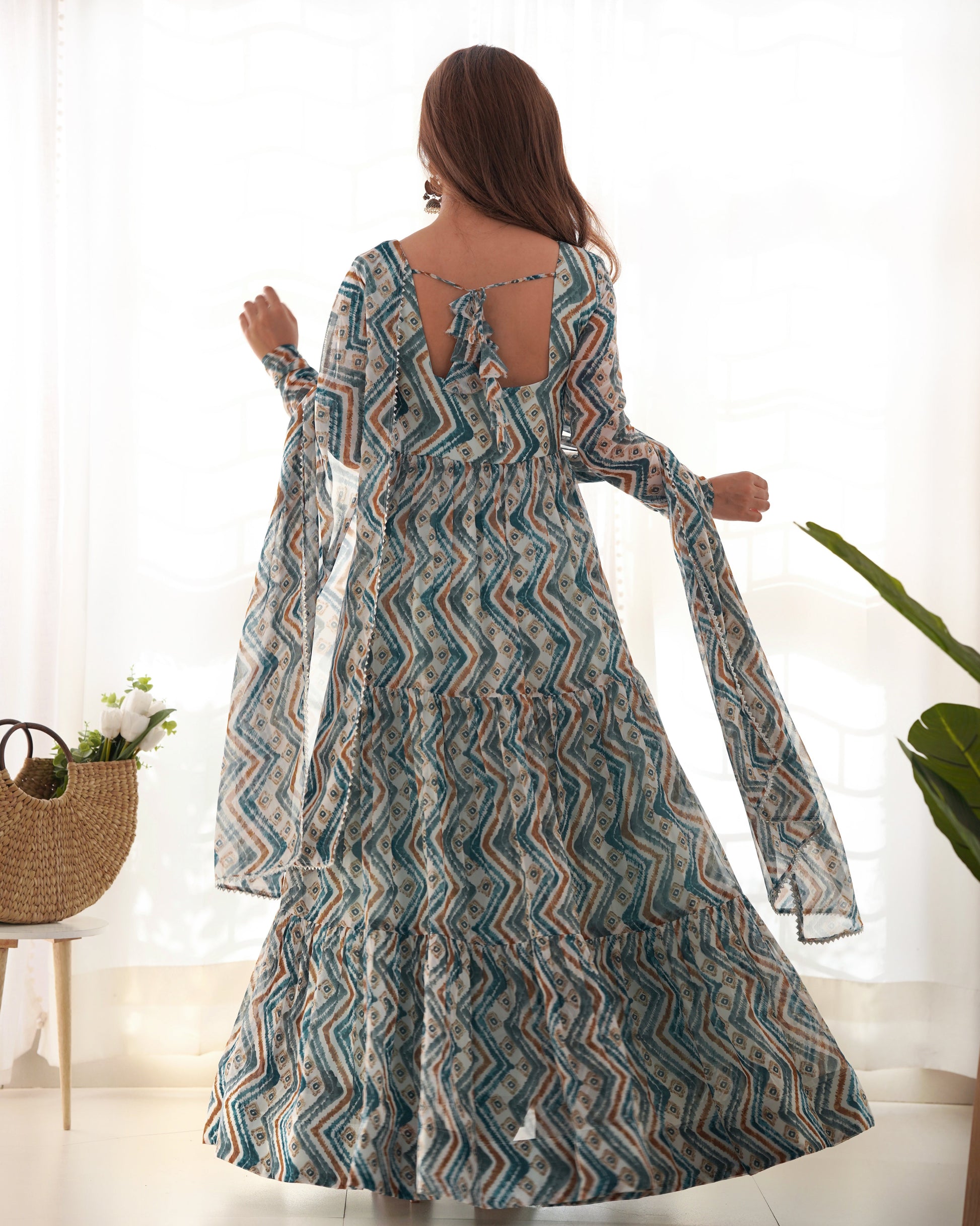 Lorenvalley Fashion Skyblue Pure Faux Georgette Zigzag Print Fully Flair Anarkali Pant With Dupatta - Skyblue 