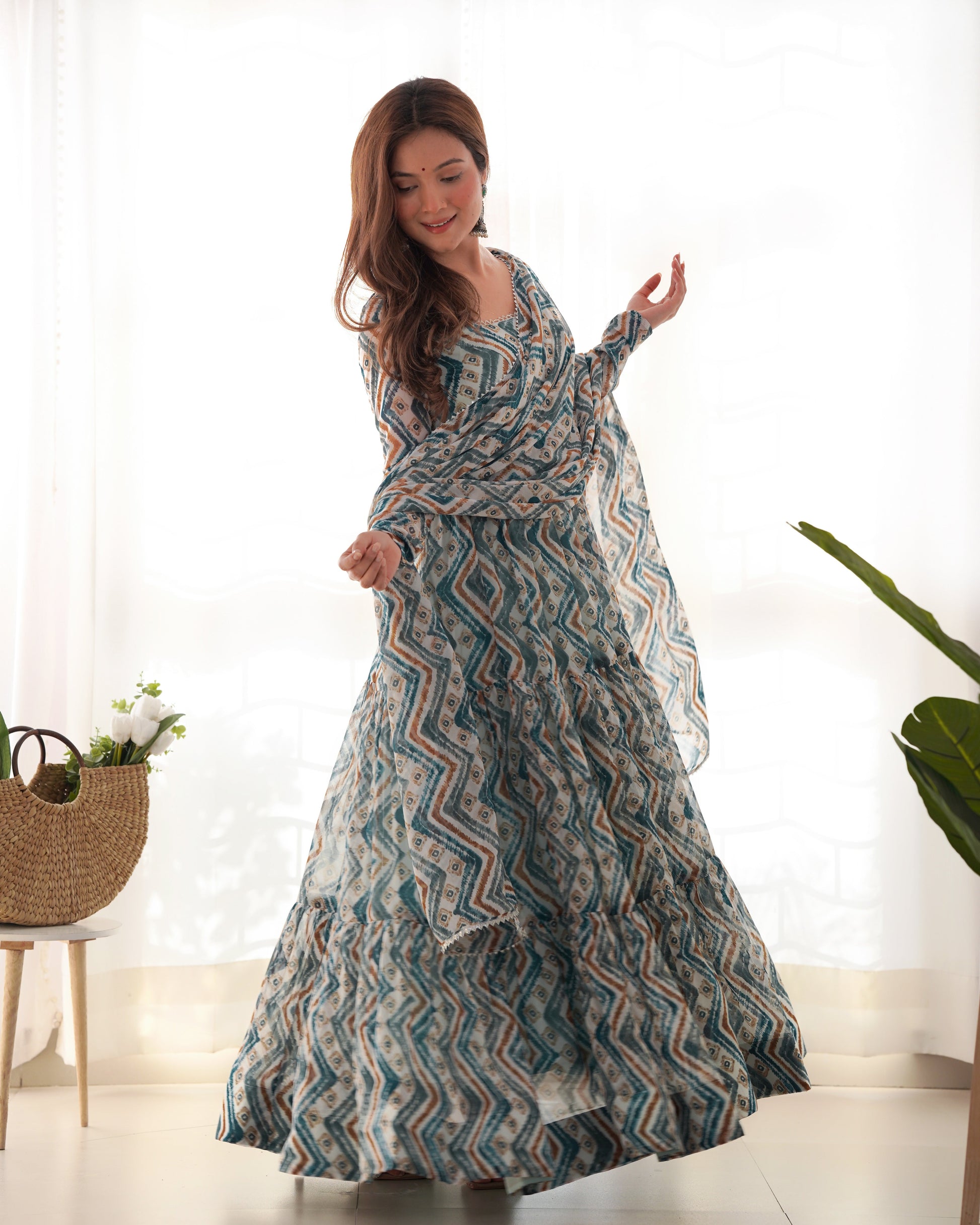 Lorenvalley Fashion Skyblue Pure Faux Georgette Zigzag Print Fully Flair Anarkali Pant With Dupatta - Skyblue 