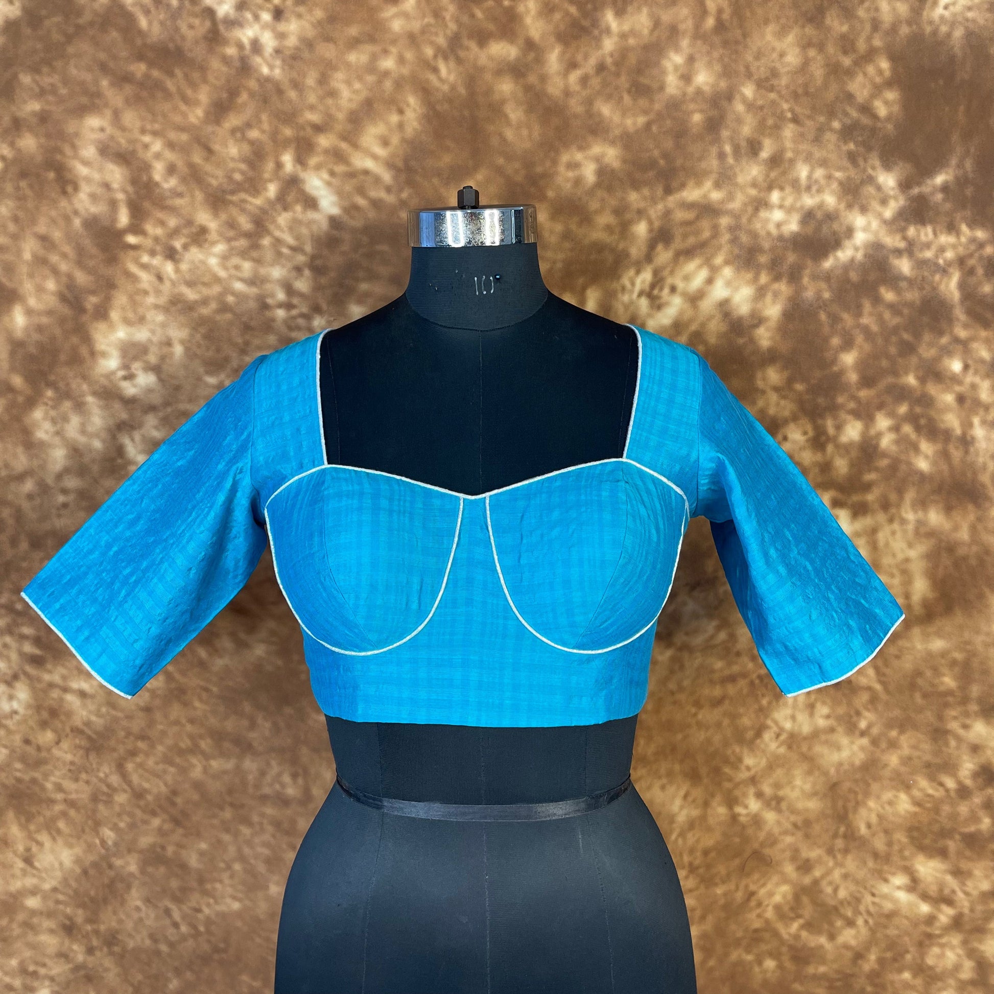 Streaks of Blue Light Blue Coloured Chanderi Silk Ready to Wear Blouse - kapda Tailor 