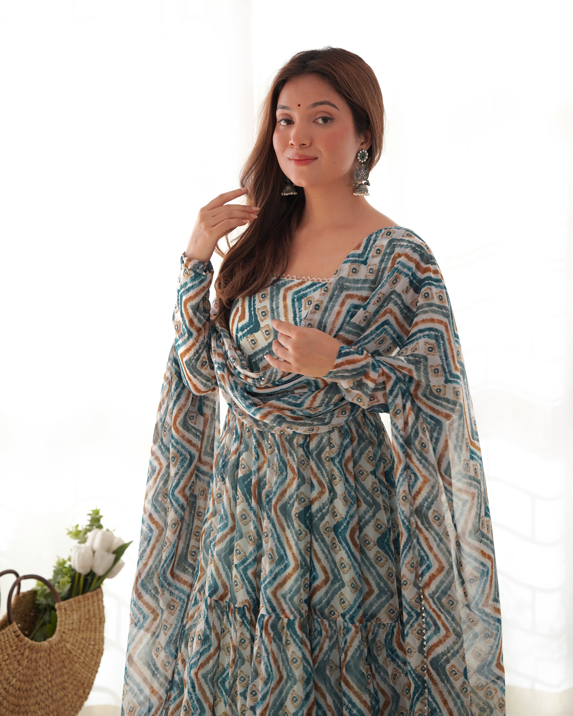 Lorenvalley Fashion Skyblue Pure Faux Georgette Zigzag Print Fully Flair Anarkali Pant With Dupatta - Skyblue 