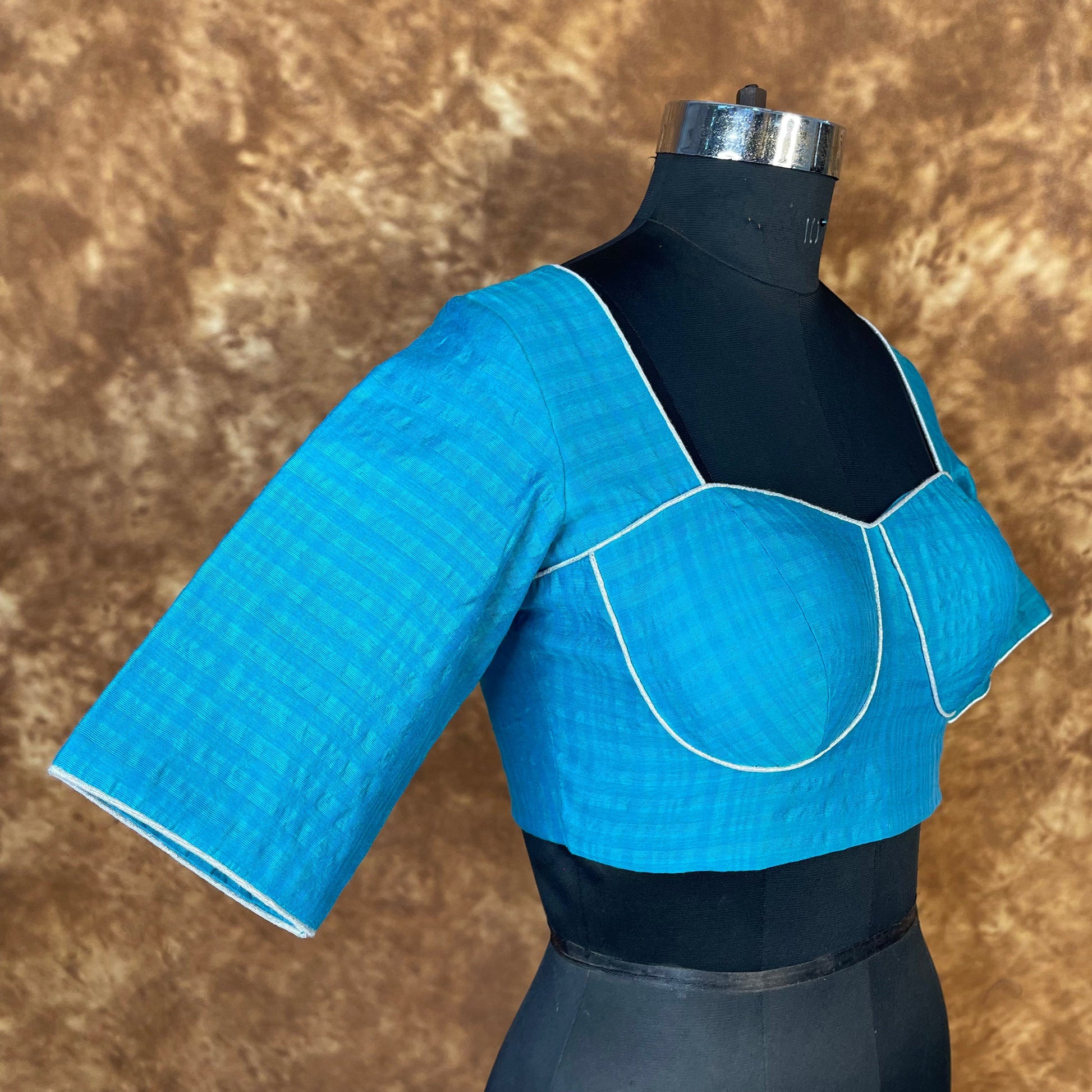 Streaks of Blue Light Blue Coloured Chanderi Silk Ready to Wear Blouse - kapda Tailor 