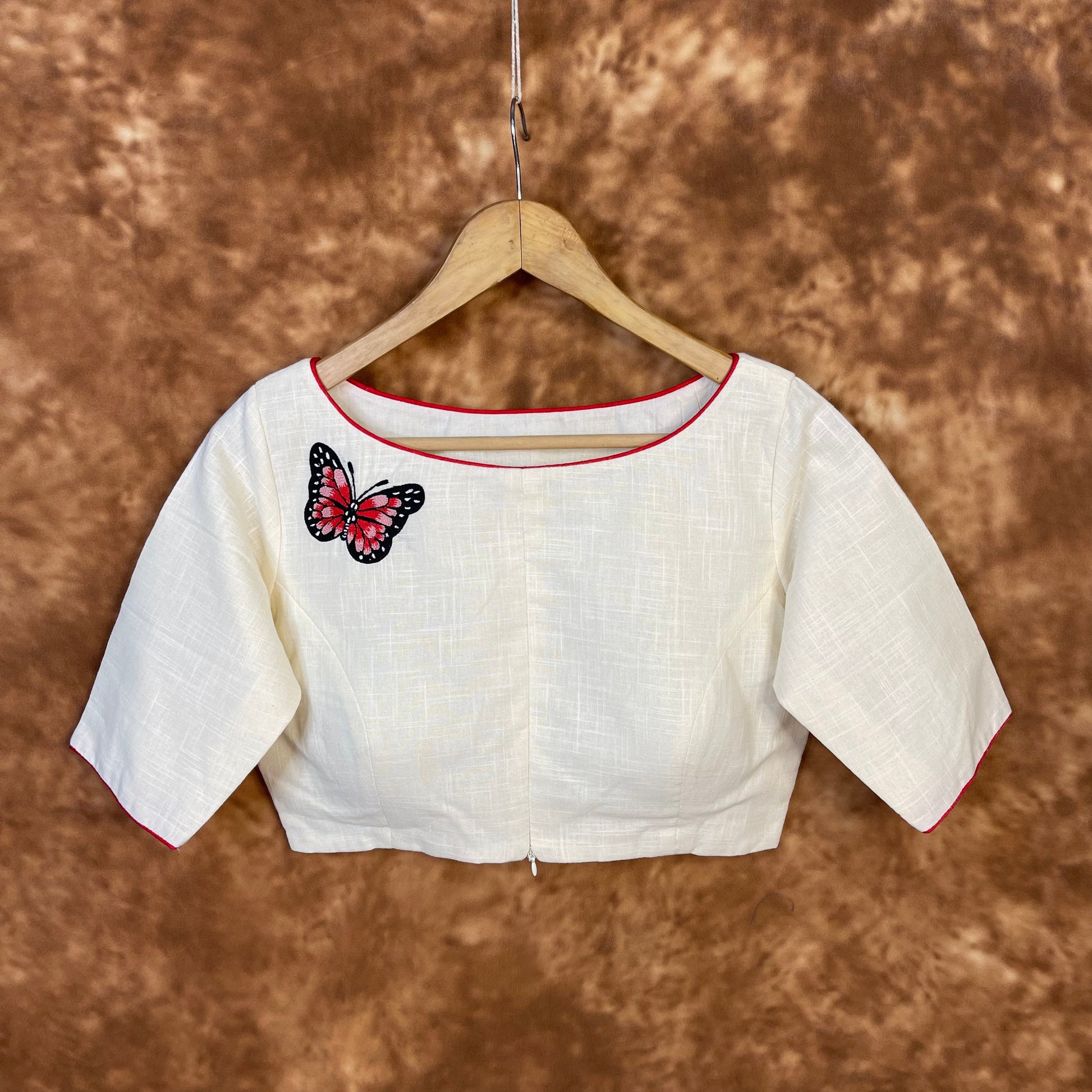 Butterfly Nector Off White Coloured Slub Cotton Ready to Wear Blouse - kapda Tailor 