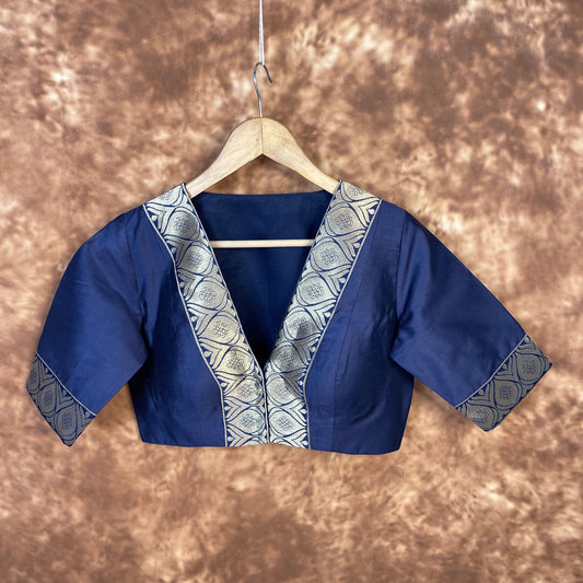 Deep Dive Lush Blue Coloured Silk / Broket Ready to Wear Blouse - kapda Tailor 