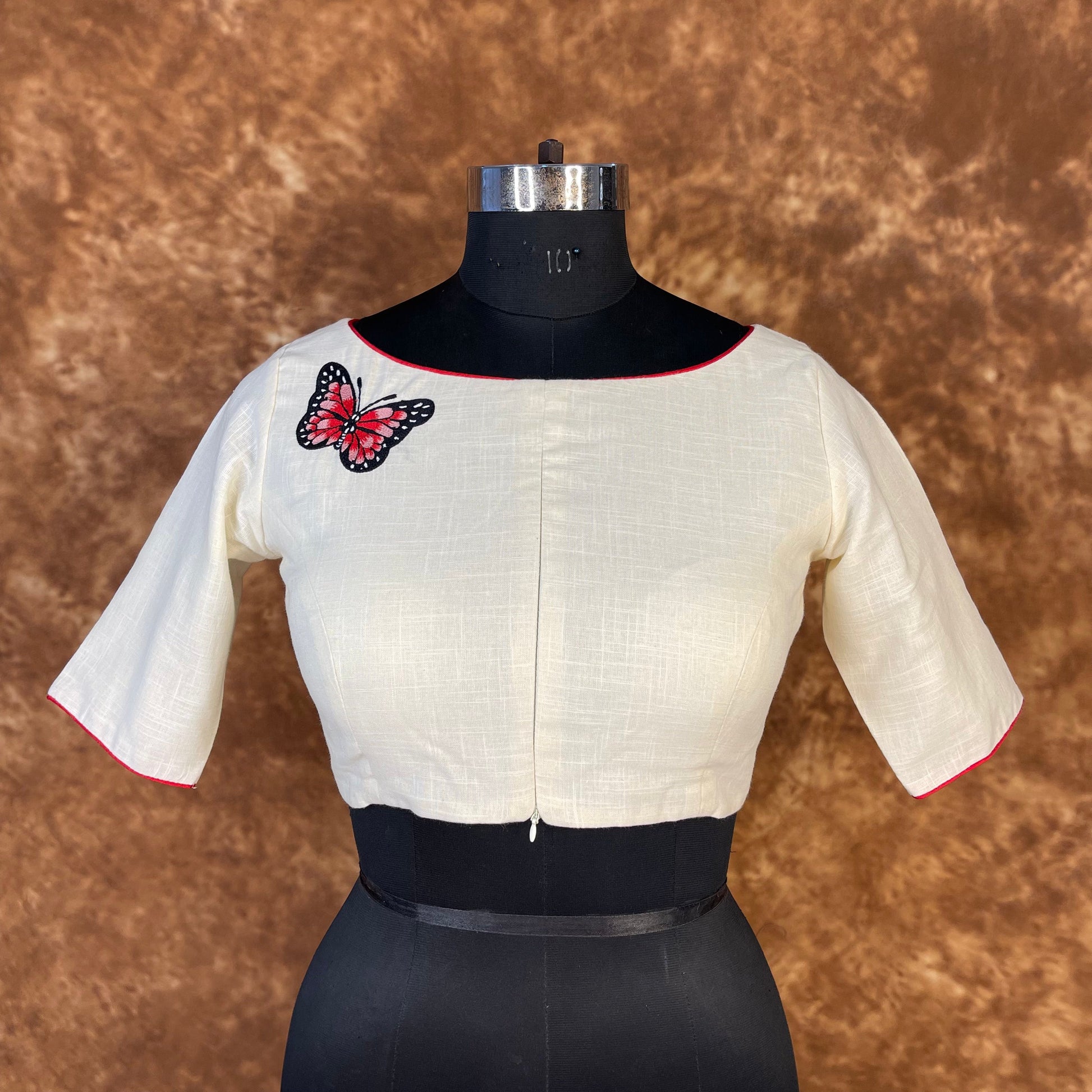 Butterfly Nector Off White Coloured Slub Cotton Ready to Wear Blouse - kapda Tailor 