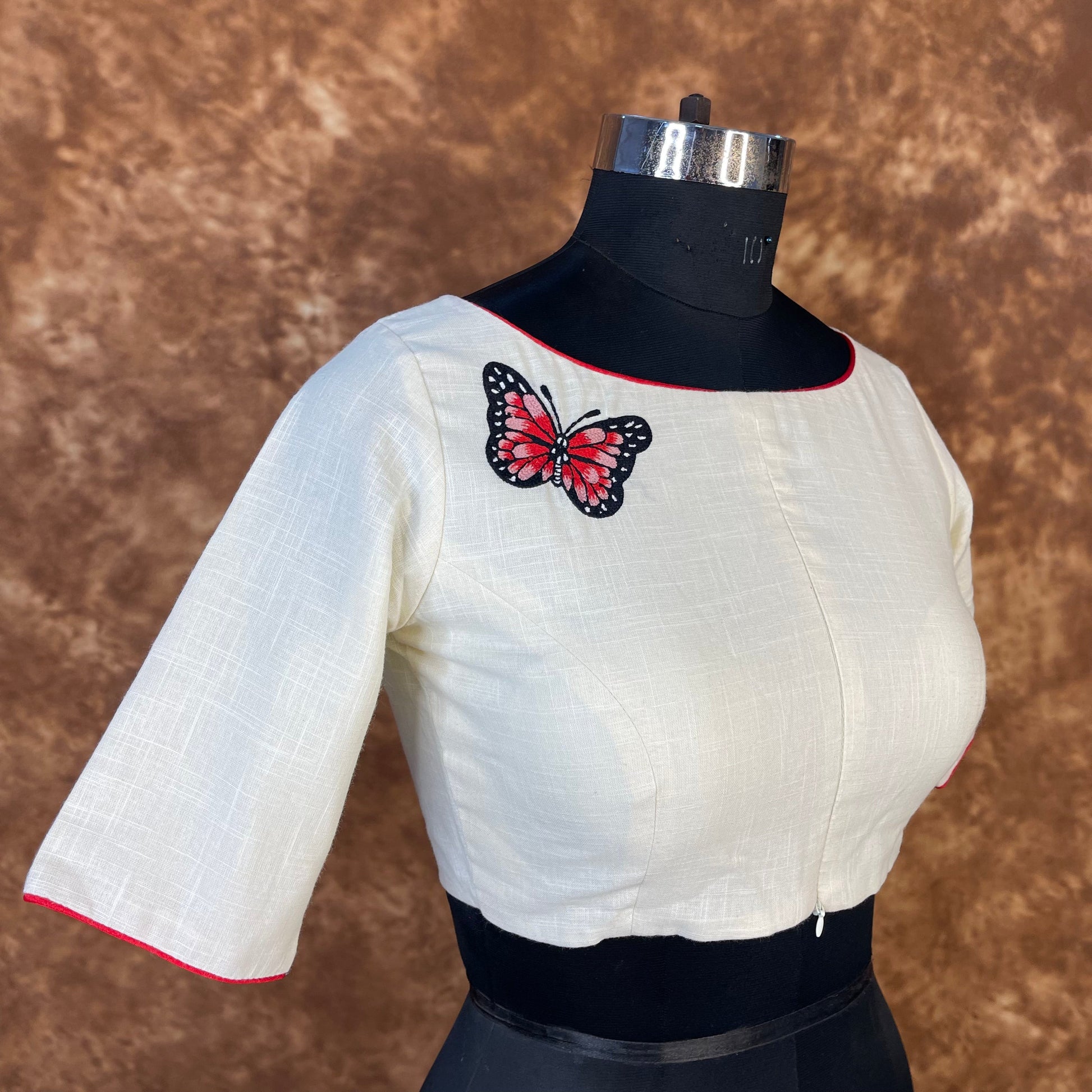 Butterfly Nector Off White Coloured Slub Cotton Ready to Wear Blouse - kapda Tailor 
