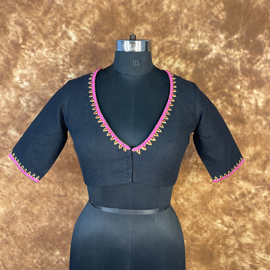 Vivaciously Vibrant Black Coloured Slub Cotton Ready to Wear Blouse - kapda Tailor 